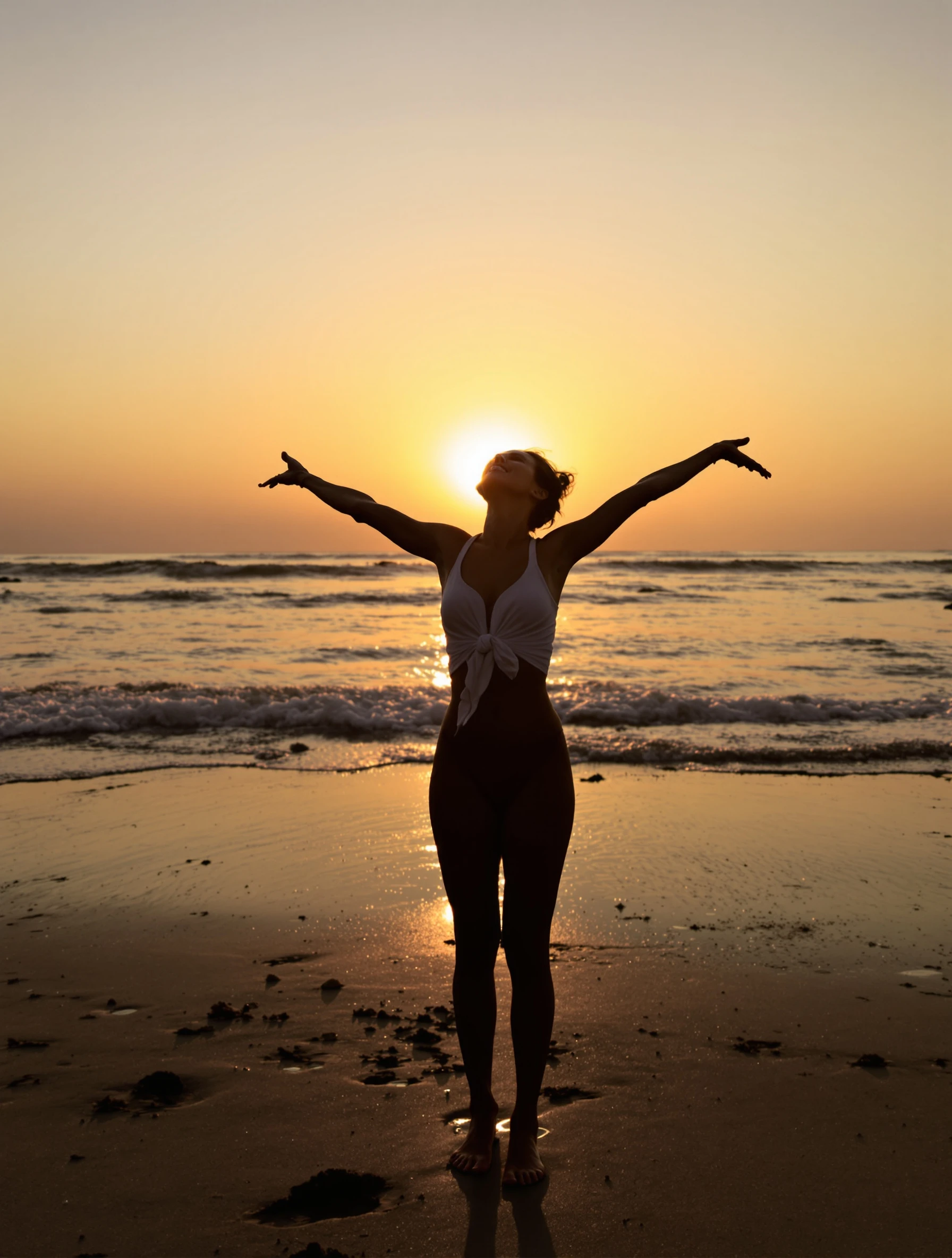 Woman standing with her arms stretched wide on a beach at sunset, head thrown back, silhouette-lit edges, free joyful pose.