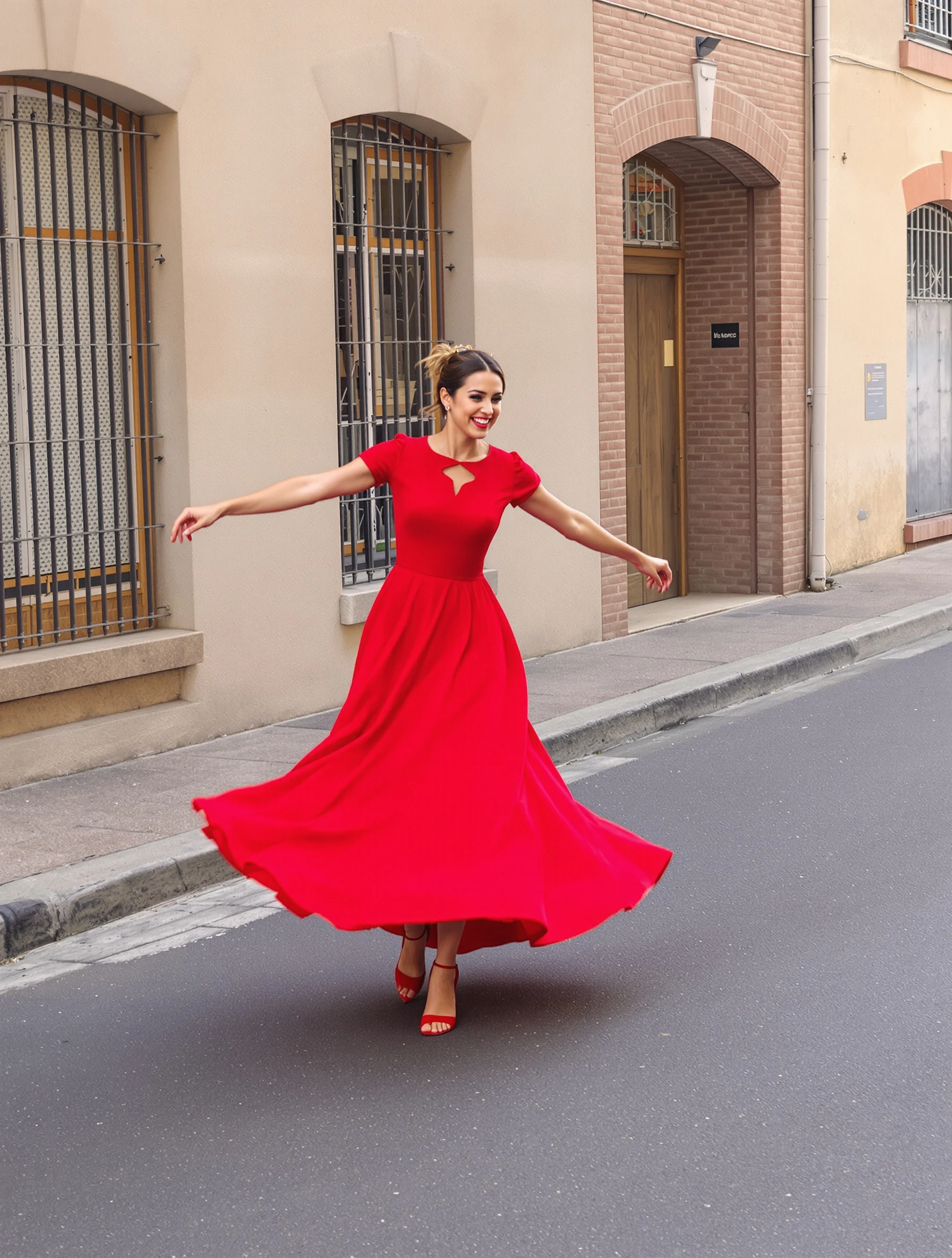 Woman twirling in a long red dress on an empty street, skirt flaring out, arms slightly raised, joyful mid-spin.