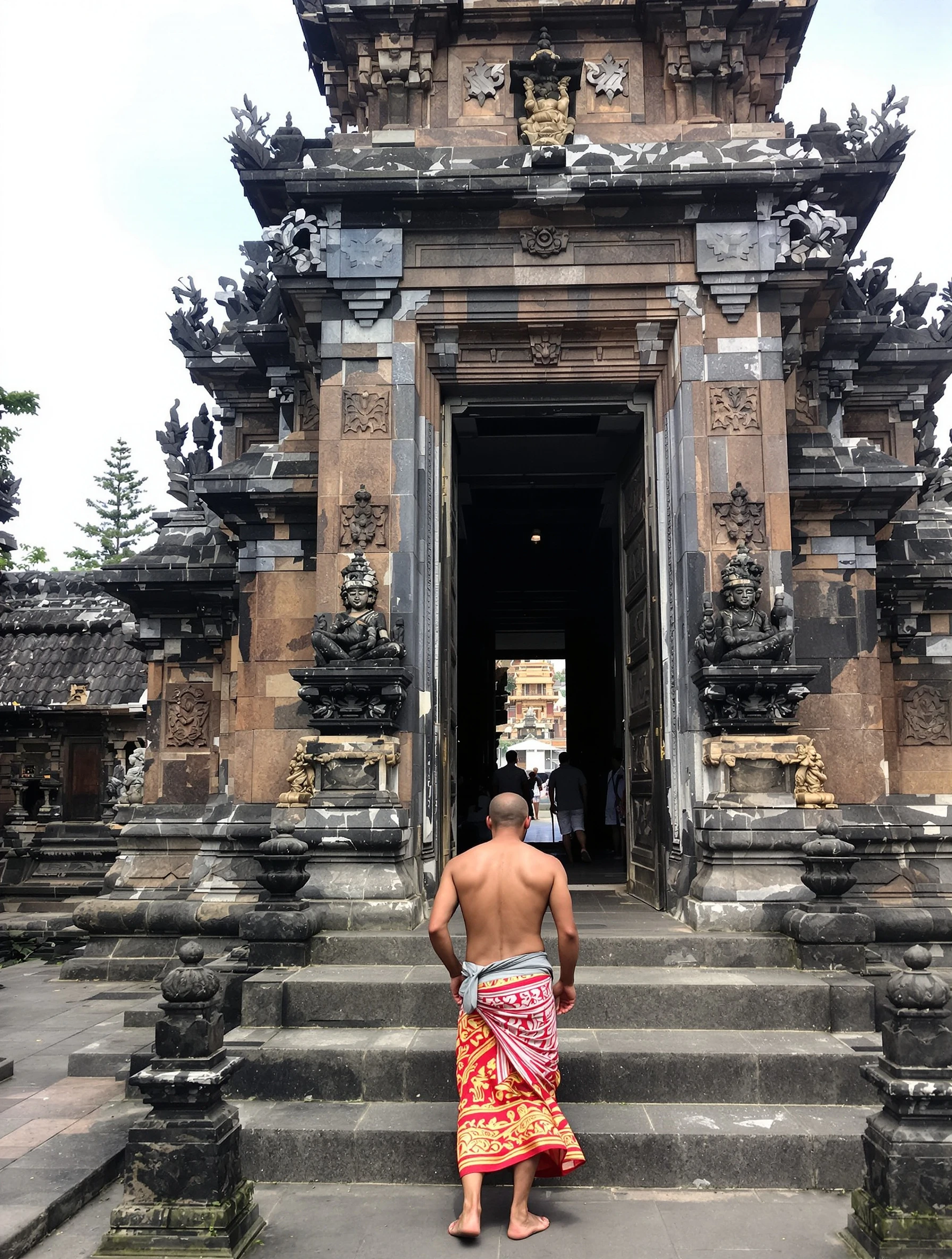 Man respectfully exploring ancient Balinese temple, traditional architecture. Modest travel attire with sarong, cultural appreciation, spiritual atmosphere.