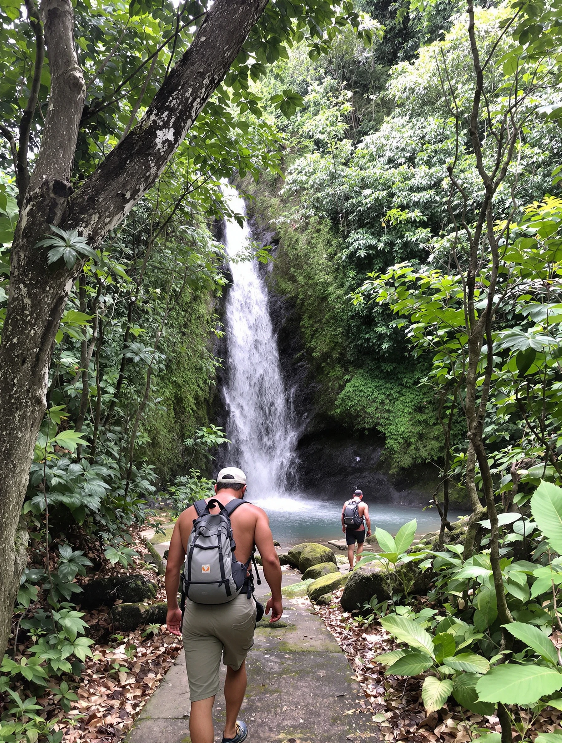 Man trekking to hidden Bali waterfall through jungle path. Adventure gear, lush tropical forest, explorer spirit, natural discovery.