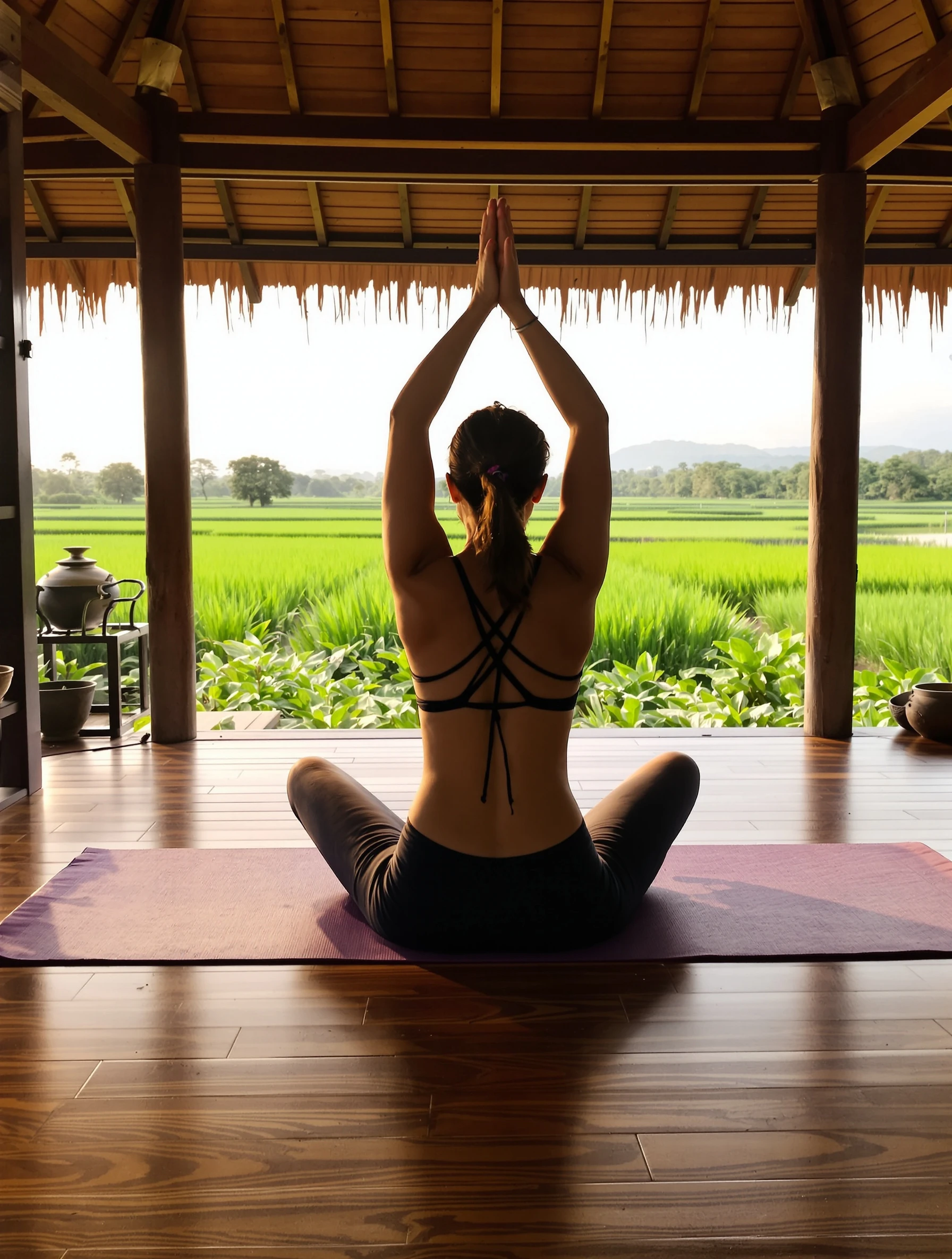 Woman at peaceful Bali yoga retreat doing sunrise meditation. Yoga attire, open-air pavilion, rice fields visible, spiritual wellness, inner peace.