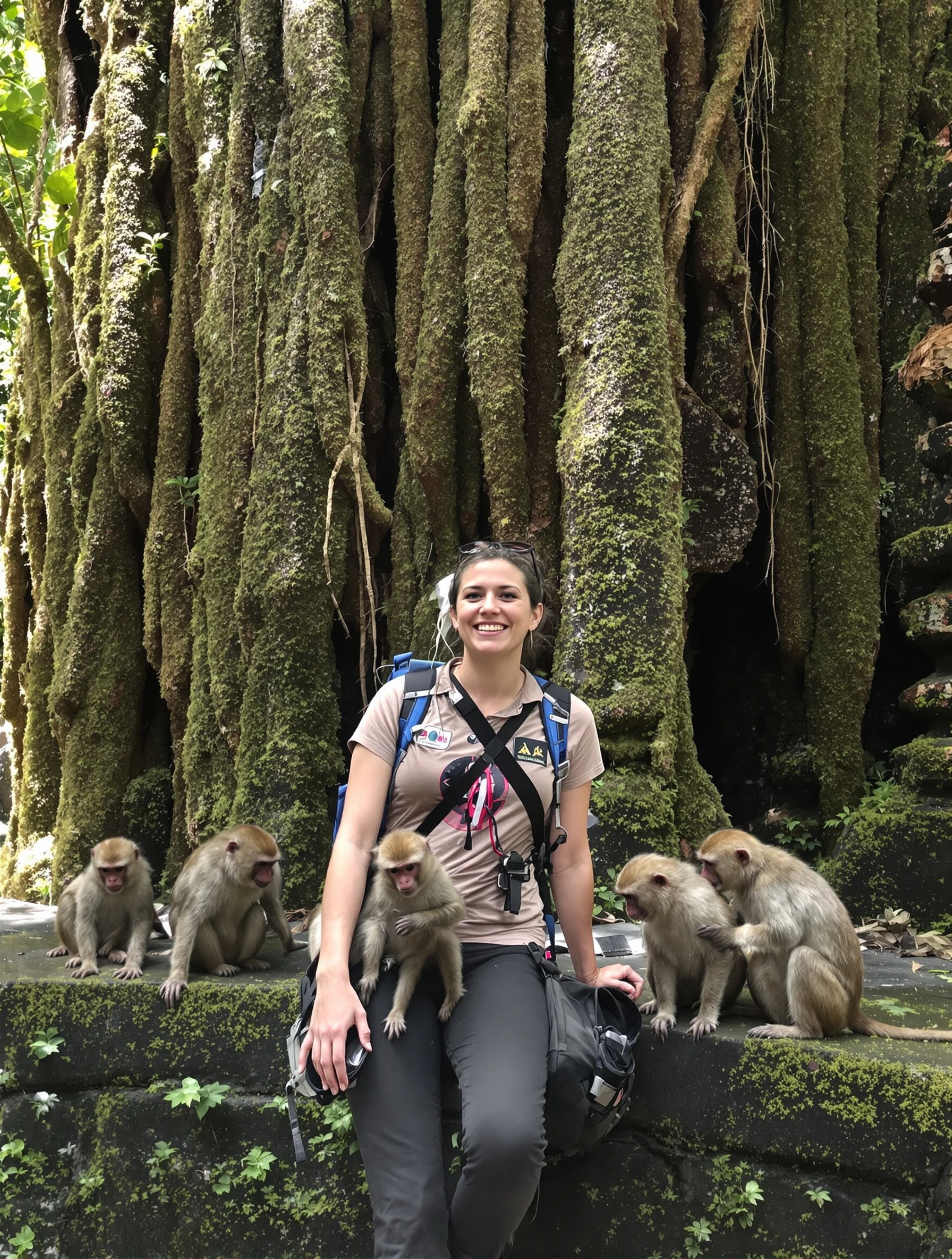 Woman at Ubud Monkey Forest with playful monkeys around her. Casual explorer outfit, ancient temple moss, wildlife encounter, unique experience.