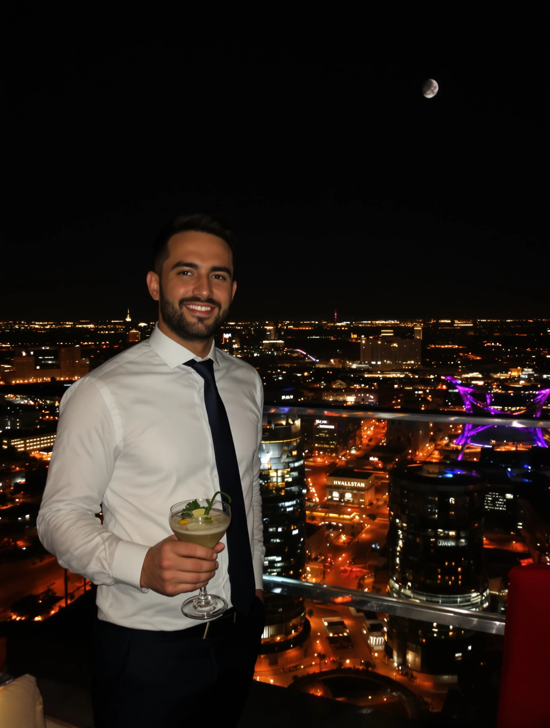 Man at stylish Dubai rooftop bar, city lights spread below. Smart evening attire, craft cocktail, panoramic views, Dubai nightlife.