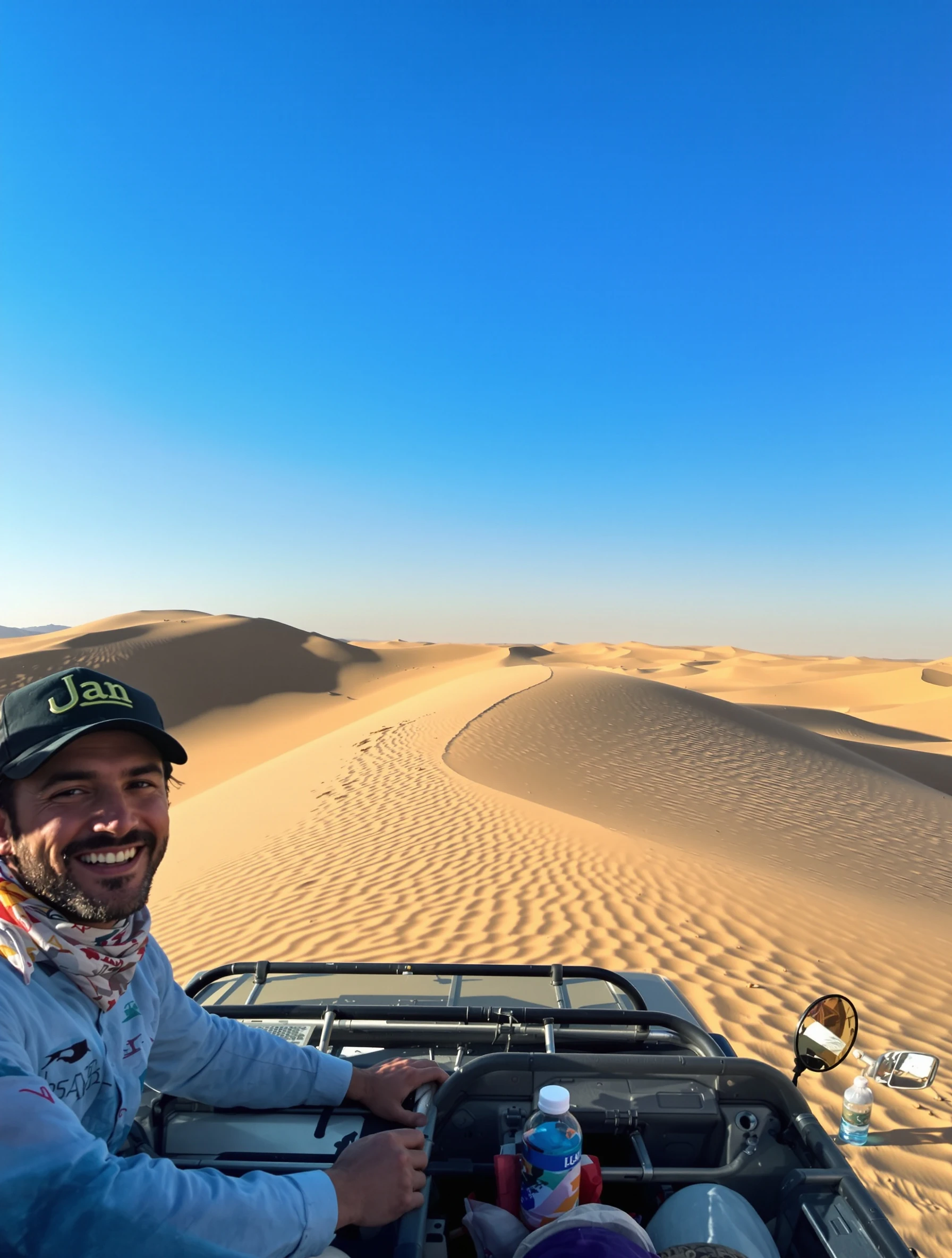 Man on desert dune bashing adventure in 4x4, sand flying. Adventure casual, thrilling off-road, Arabian desert, adrenaline experience.