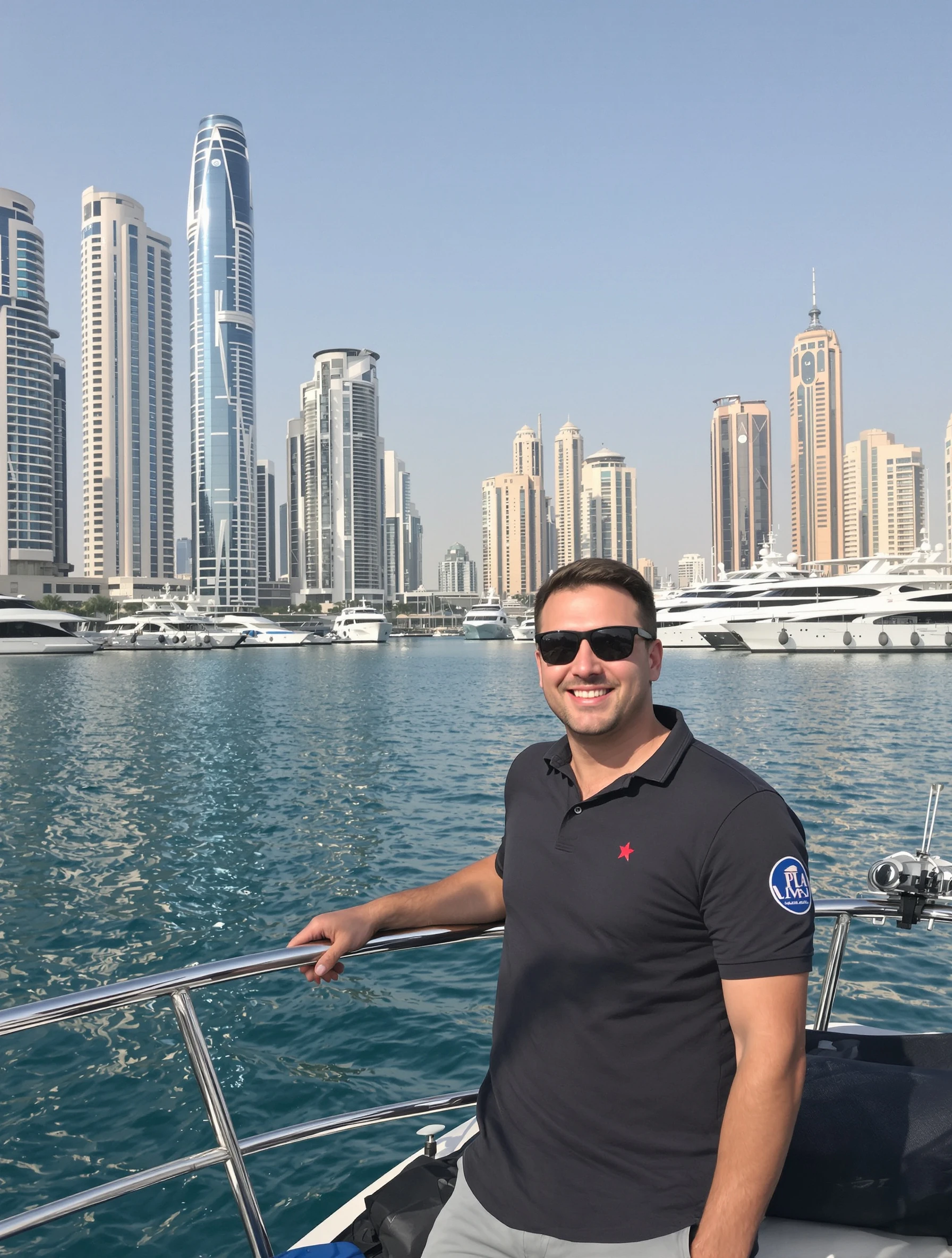 Man on luxury yacht cruise at Dubai Marina, living the lifestyle. Smart casual nautical, superyachts around, waterfront towers, Dubai glamour.