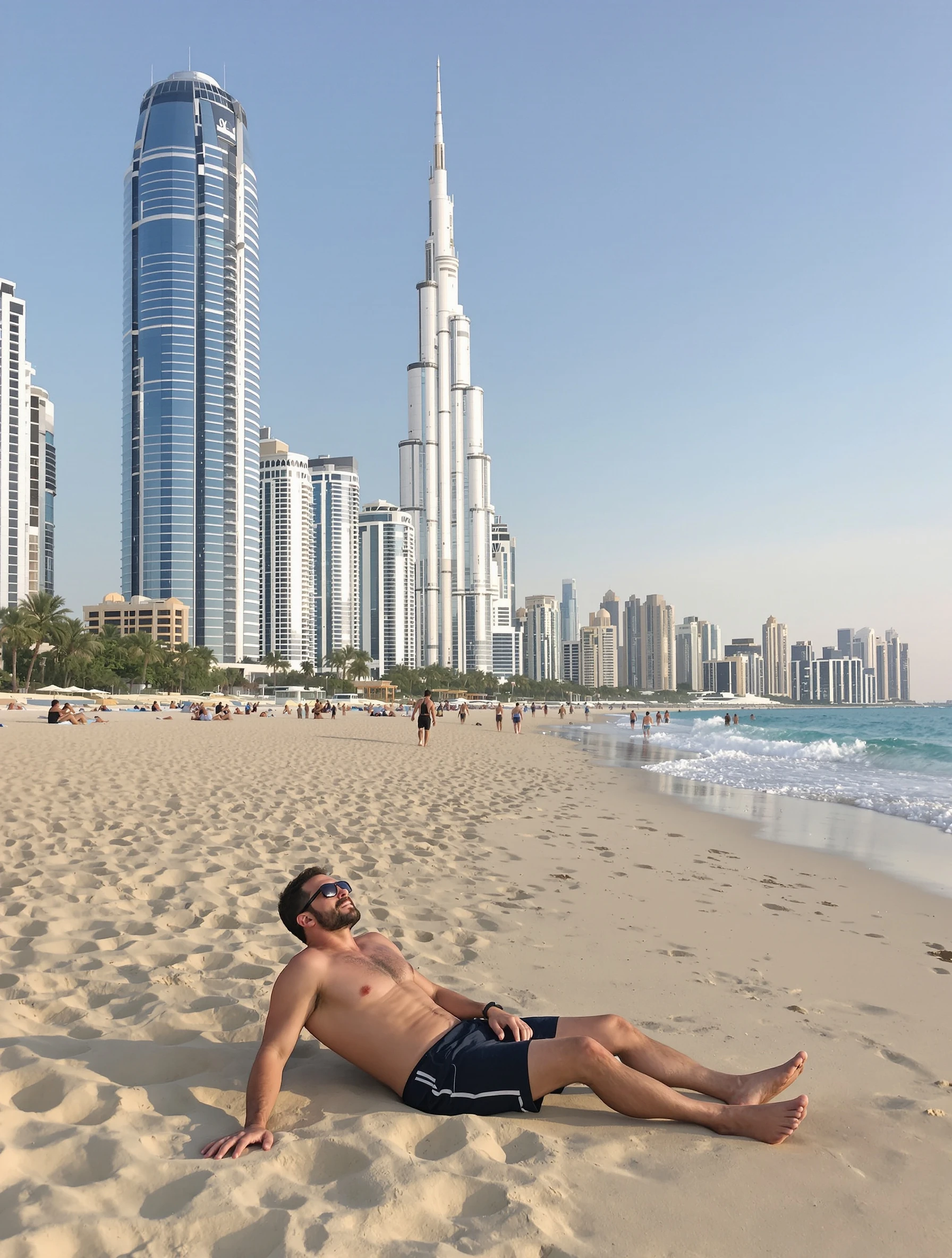 Man relaxing on Jumeirah Beach with iconic skyline behind. Beach casual, pristine sand, warm Gulf waters, Dubai beach life.