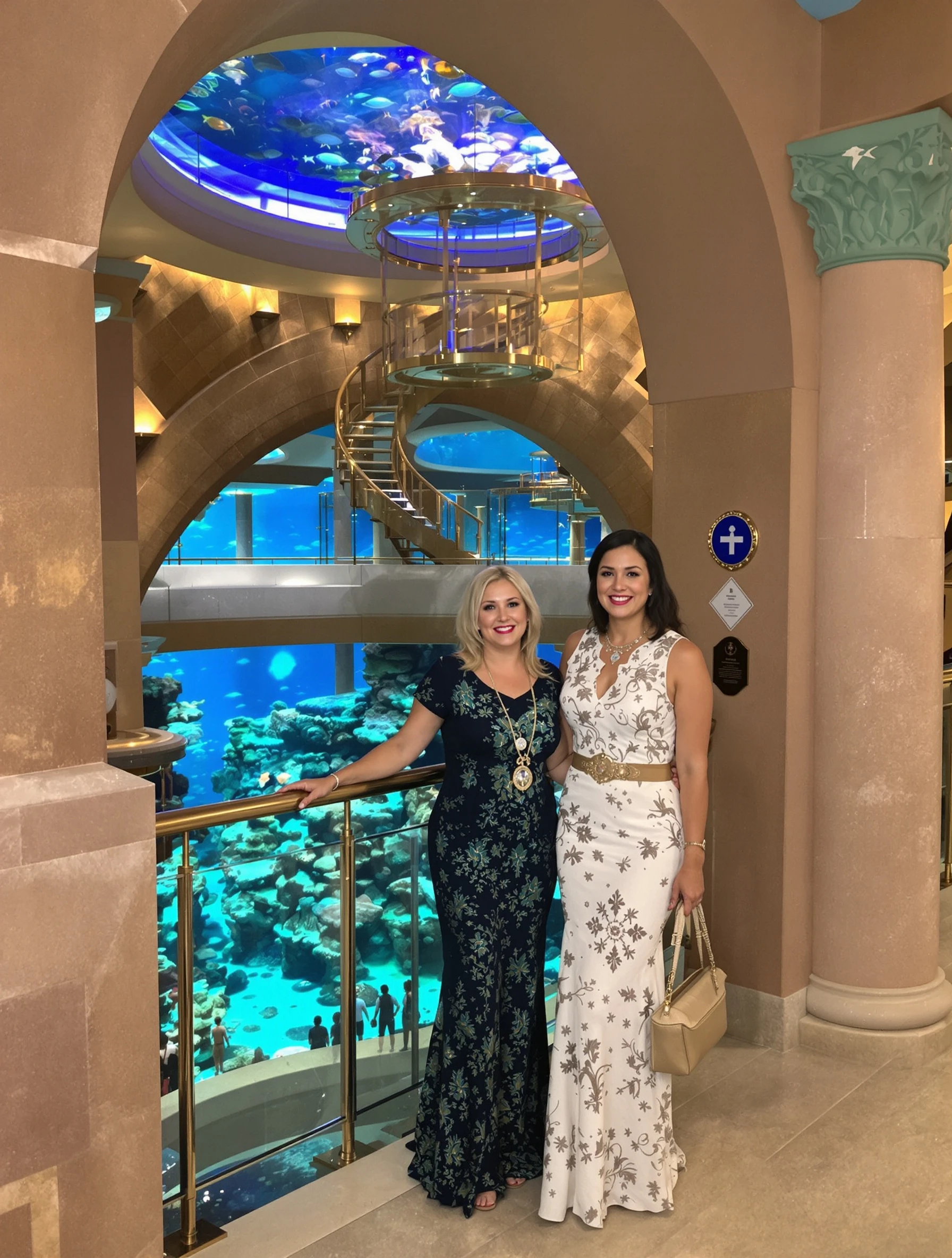 Woman at Atlantis resort on Palm Jumeirah, aquarium and luxury surroundings. Resort elegant attire, underwater world, theme park luxury, Dubai entertainment.
