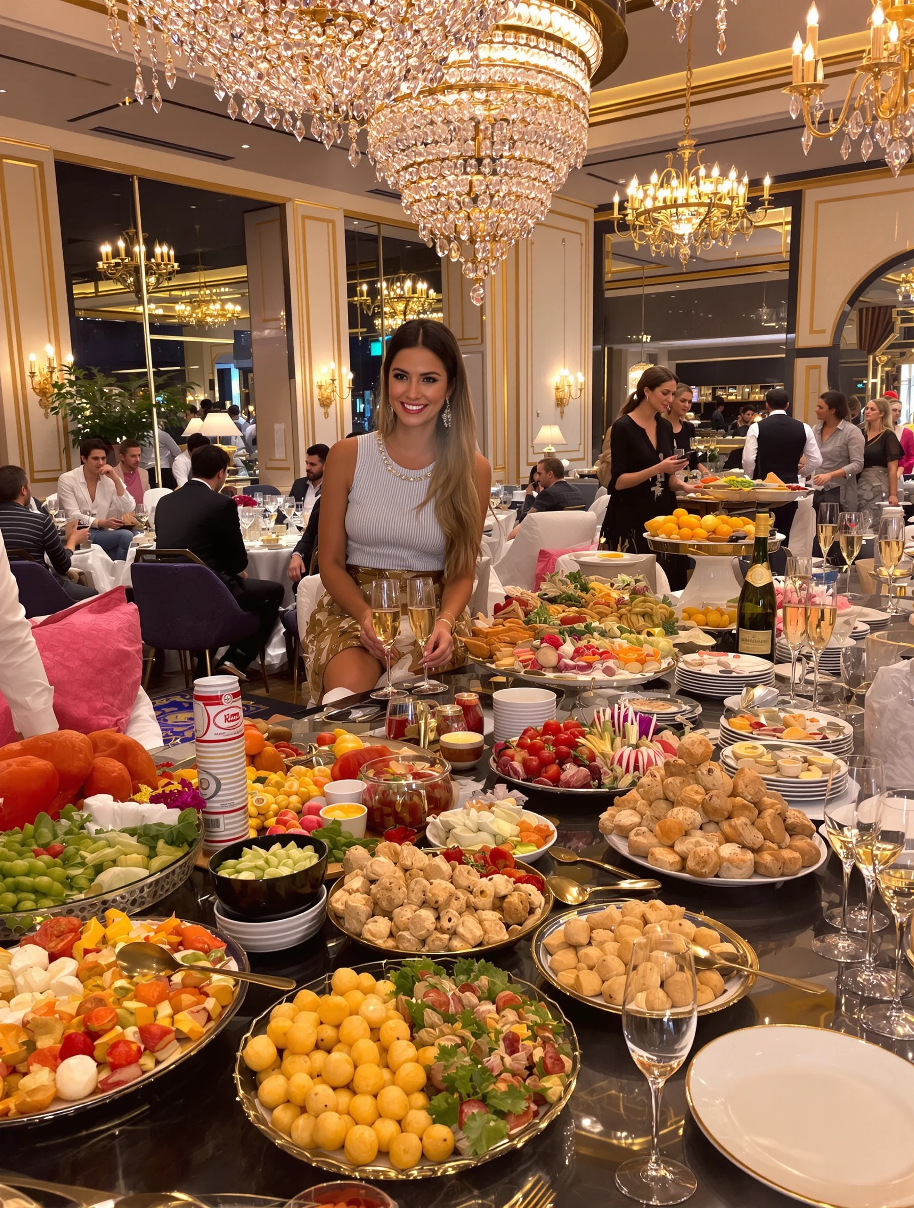 Woman at glamorous Dubai brunch, champagne flowing, lavish spread. Chic brunch attire, opulent restaurant setting, Dubai social scene.