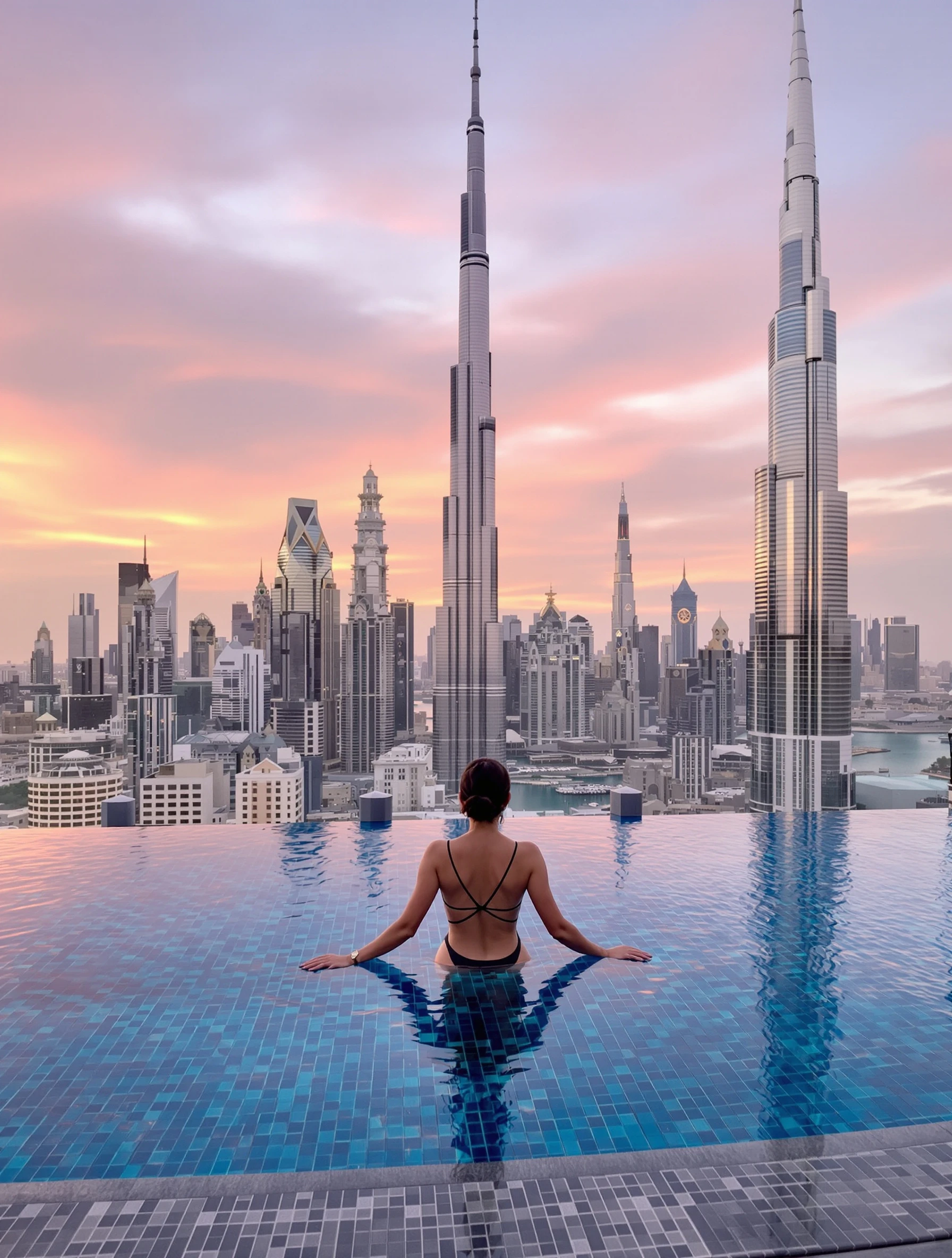 Woman at rooftop infinity pool with Dubai skyline reflections. Elegant swimsuit, impossibly tall towers, sunset colors, social media moment.