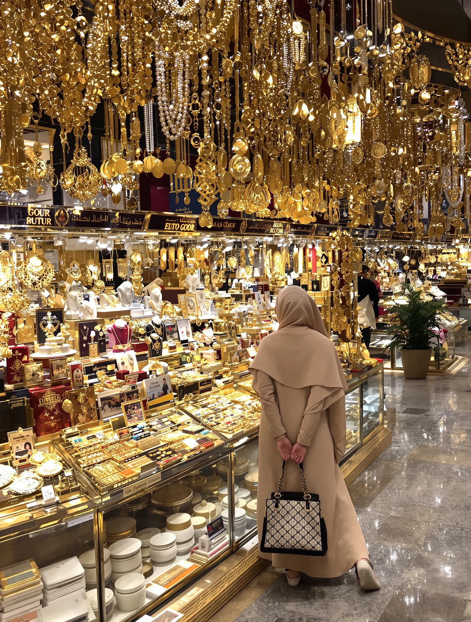 Woman exploring traditional Dubai Gold Souk, glittering displays everywhere. Modest elegant outfit, sparkling jewelry, cultural market experience, treasure hunting.