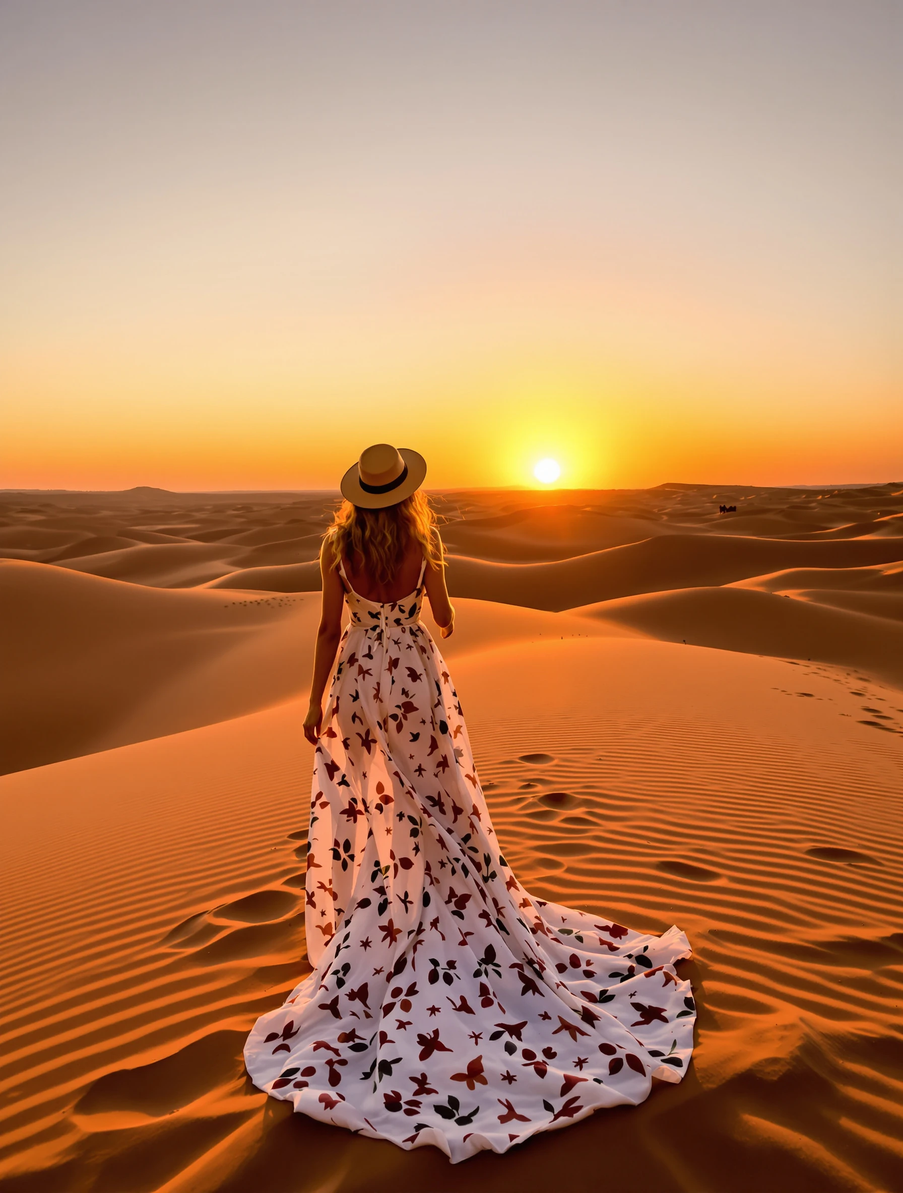 Woman on desert safari at suns