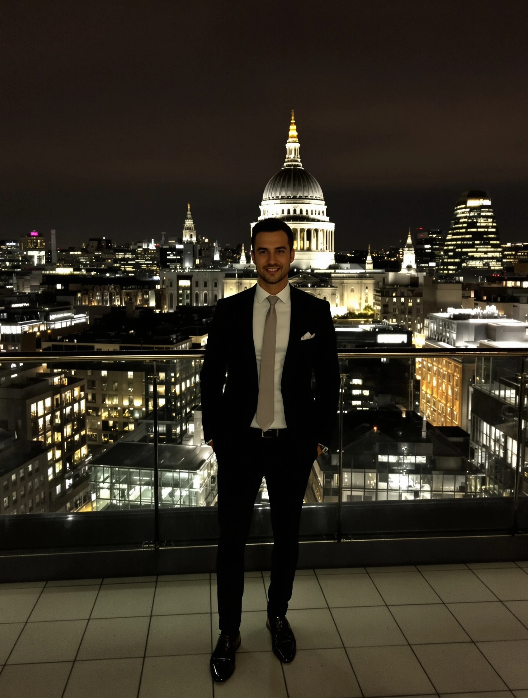 Man at rooftop bar with St Paul's Cathedral and skyline views. Smart casual evening wear, city lights beginning, sophisticated London night.