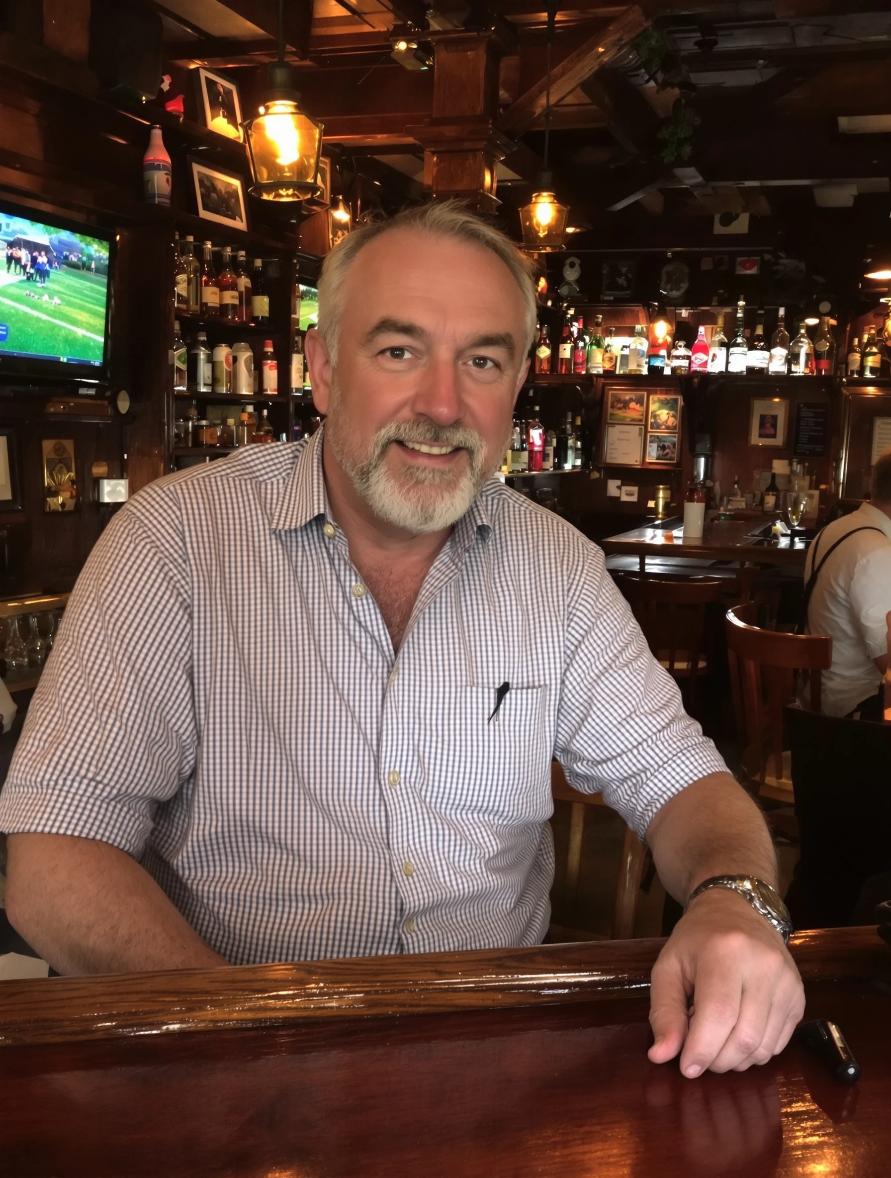 Man at traditional British pub enjoying a proper pint of ale. Casual weekend style, wooden bar, warm pub atmosphere, local experience.