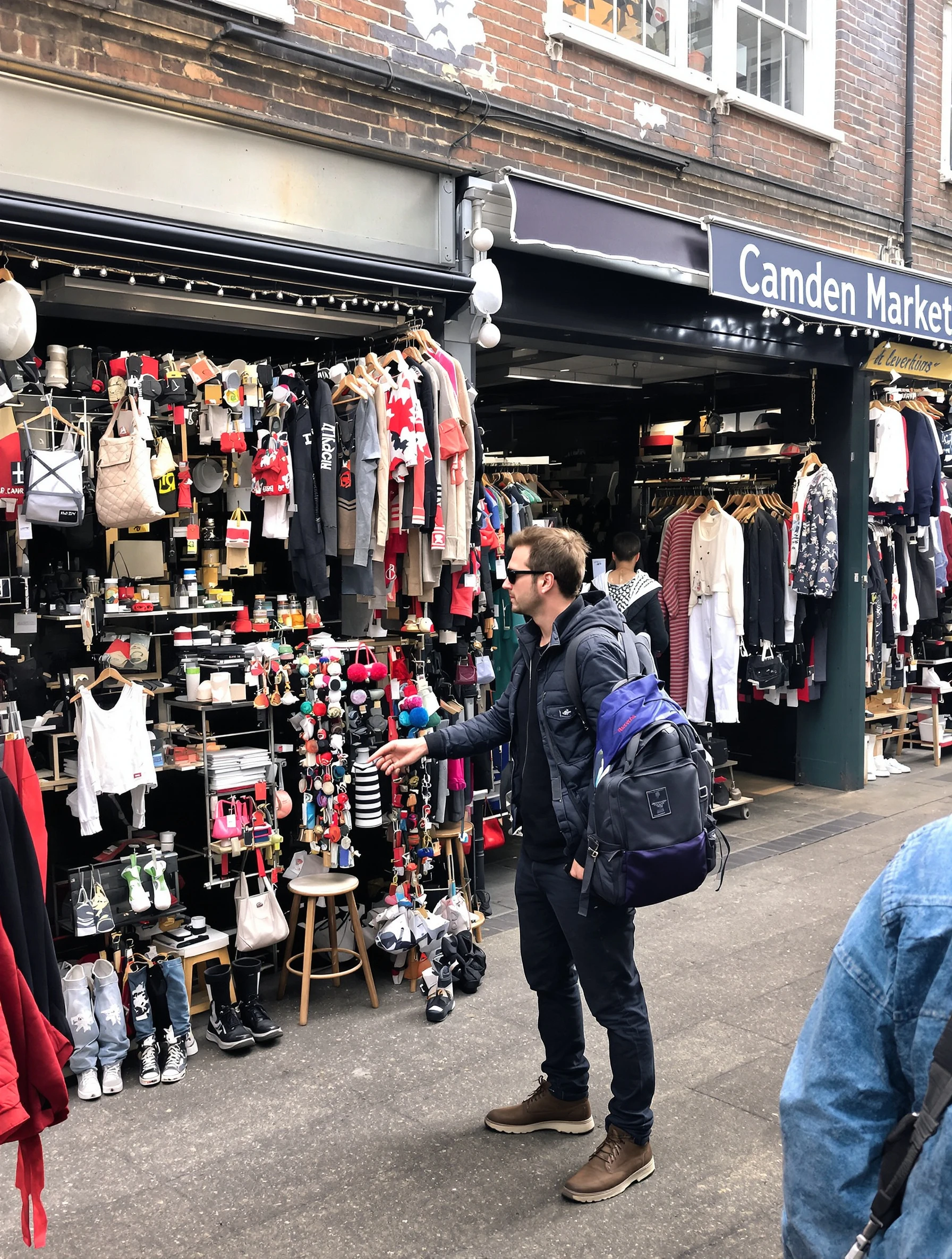 Man exploring alternative Camden Market, vintage and street fashion around. Edgy casual style, eclectic market stalls, London subculture, creative energy.