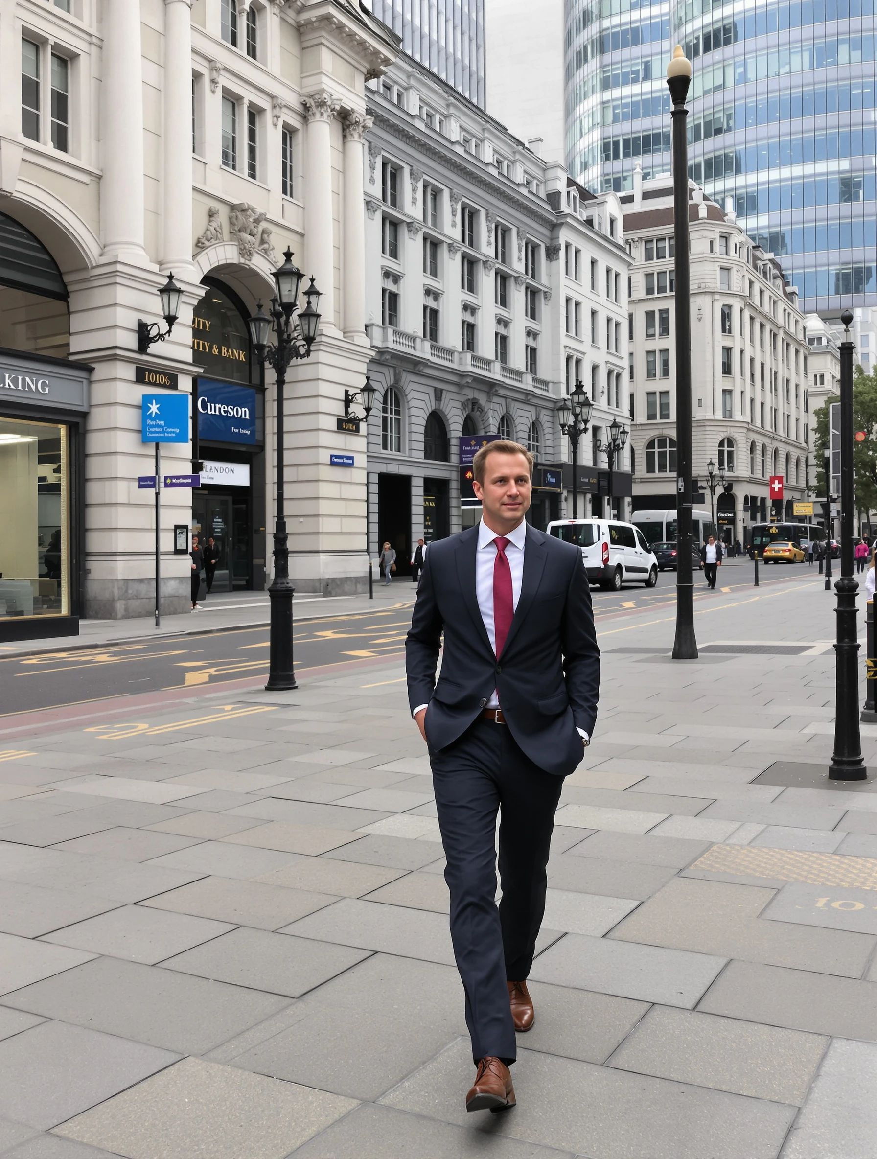 Man in sharp suit walking through City of London financial district. Professional British tailoring, historic banks and modern towers, business confidence.