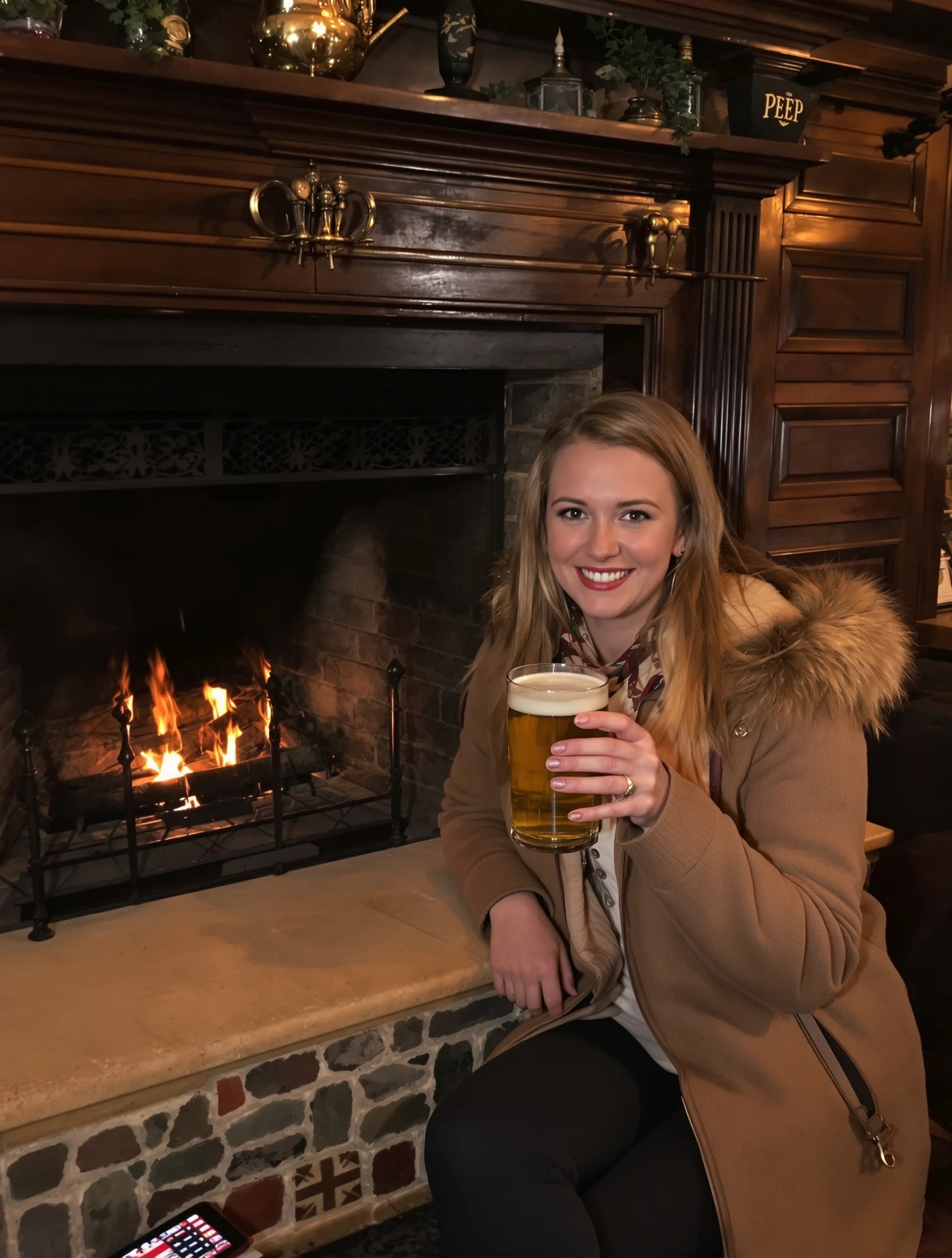 Woman at cozy traditional British pub, enjoying a pint by fireplace. Casual warm outfit, wood-paneled interior, authentic local experience, British culture.