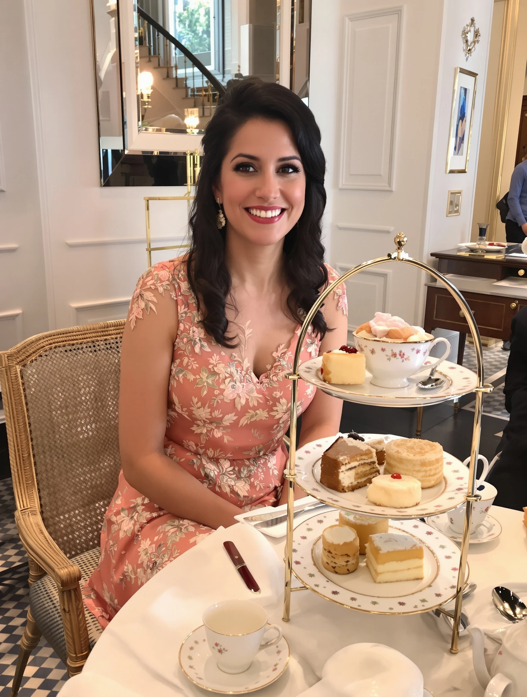 Woman enjoying elegant afternoon tea at a grand London hotel. Beautiful dress, tiered cake stand, fine china, quintessential British tradition.