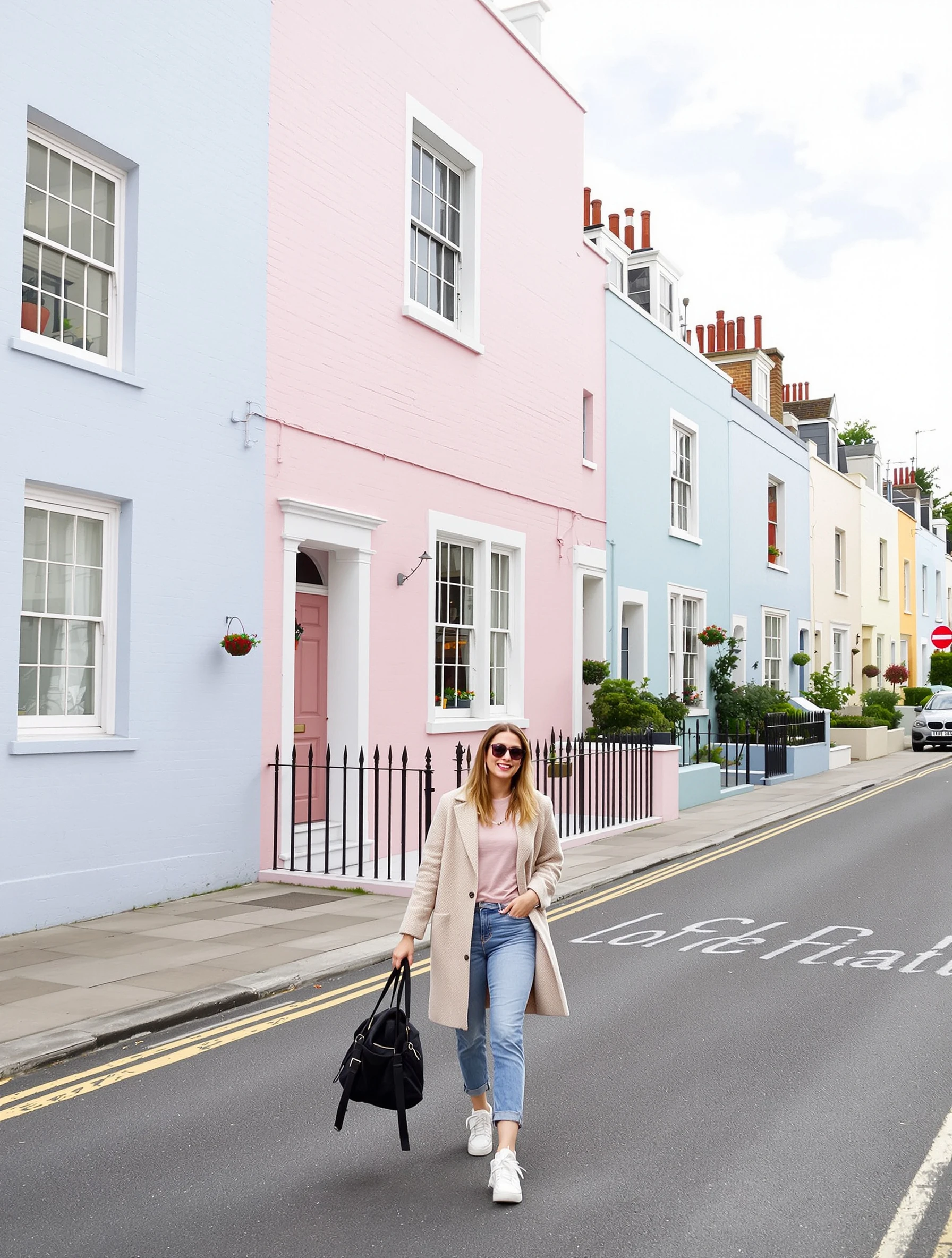 Woman on charming Notting Hill street with colorful pastel houses. Cute casual outfit, Instagram-famous location, picture-perfect neighborhood, London charm.