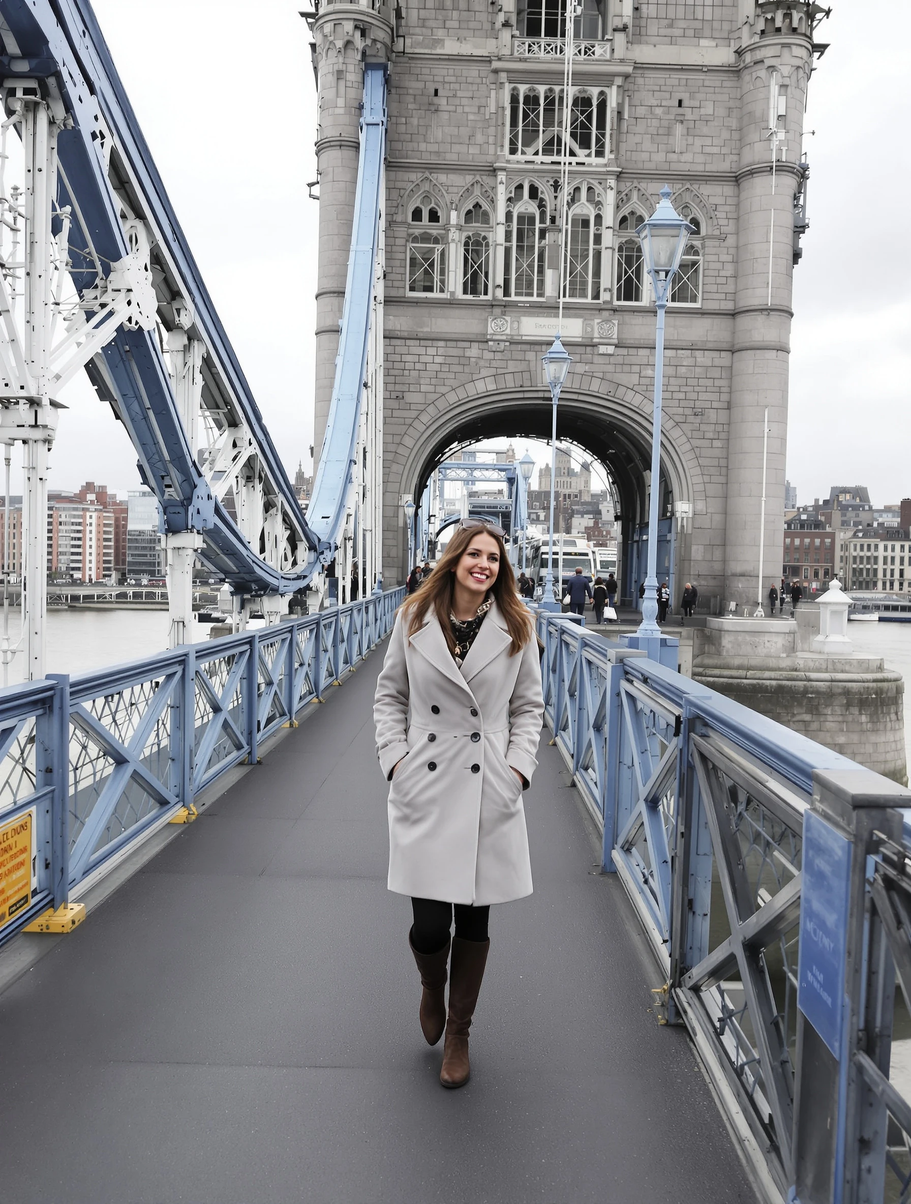 Woman walking across Tower Bri
