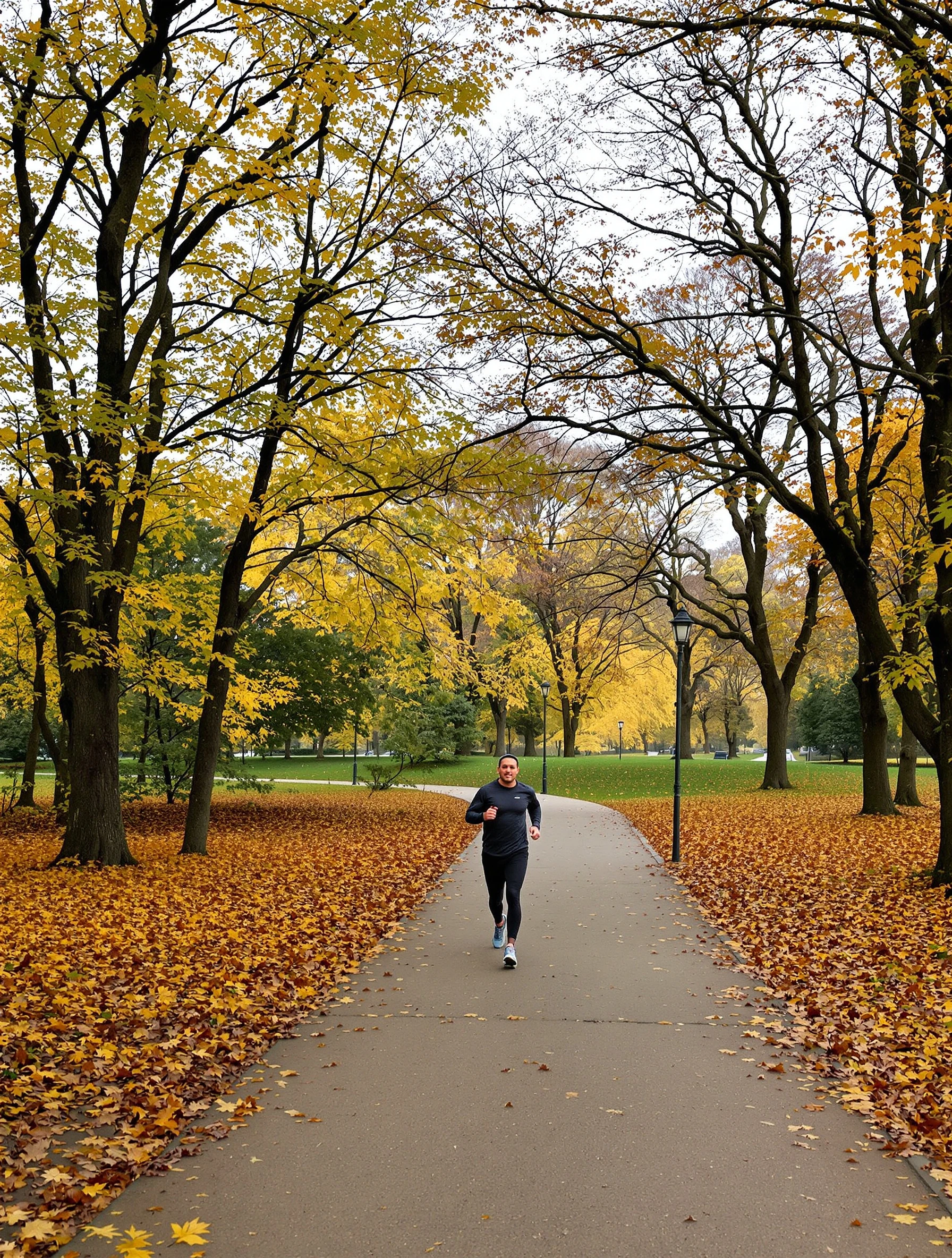 Athletic man jogging through Central Park in early morning. Running gear, fall foliage, dedicated fitness, peaceful park