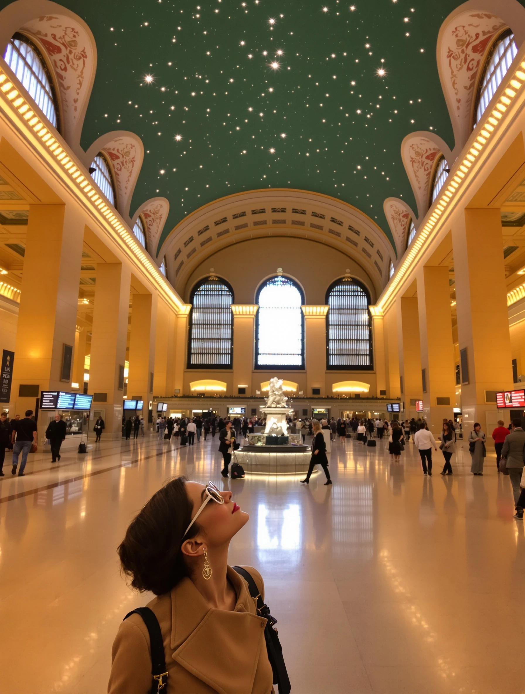 Elegant woman in Grand Central Terminal's main concourse, looking up at celestial ceiling. Classic timeless outfit, hist