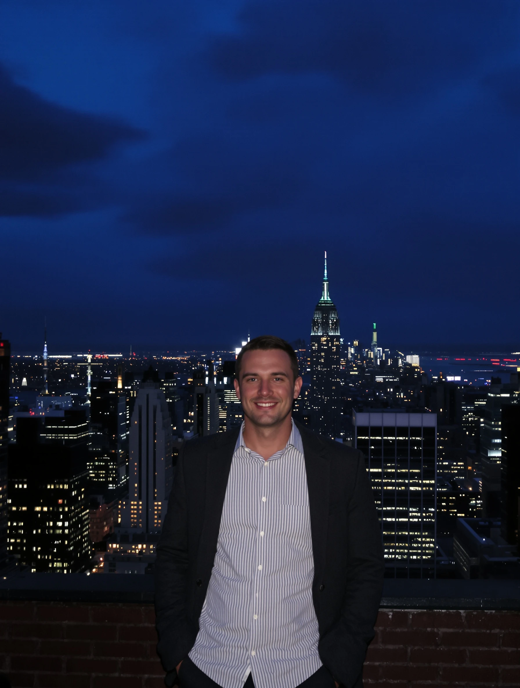 Man on rooftop with Manhattan skyline at blue hour, city lights beginning to glow. Smart casual, dramatic urban backdrop