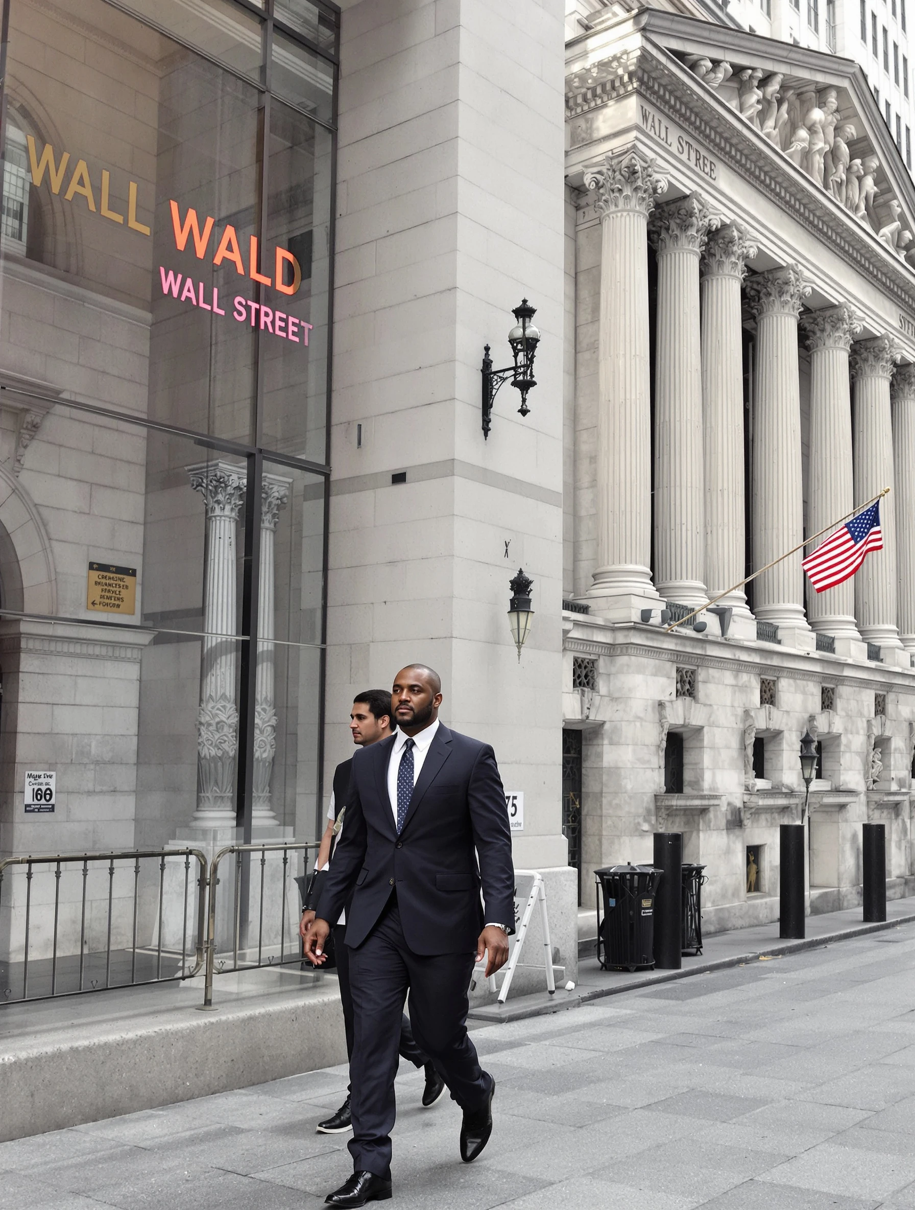 Professional man in suit walking through Wall Street financial district. Power suit, historic buildings and NYSE, busine