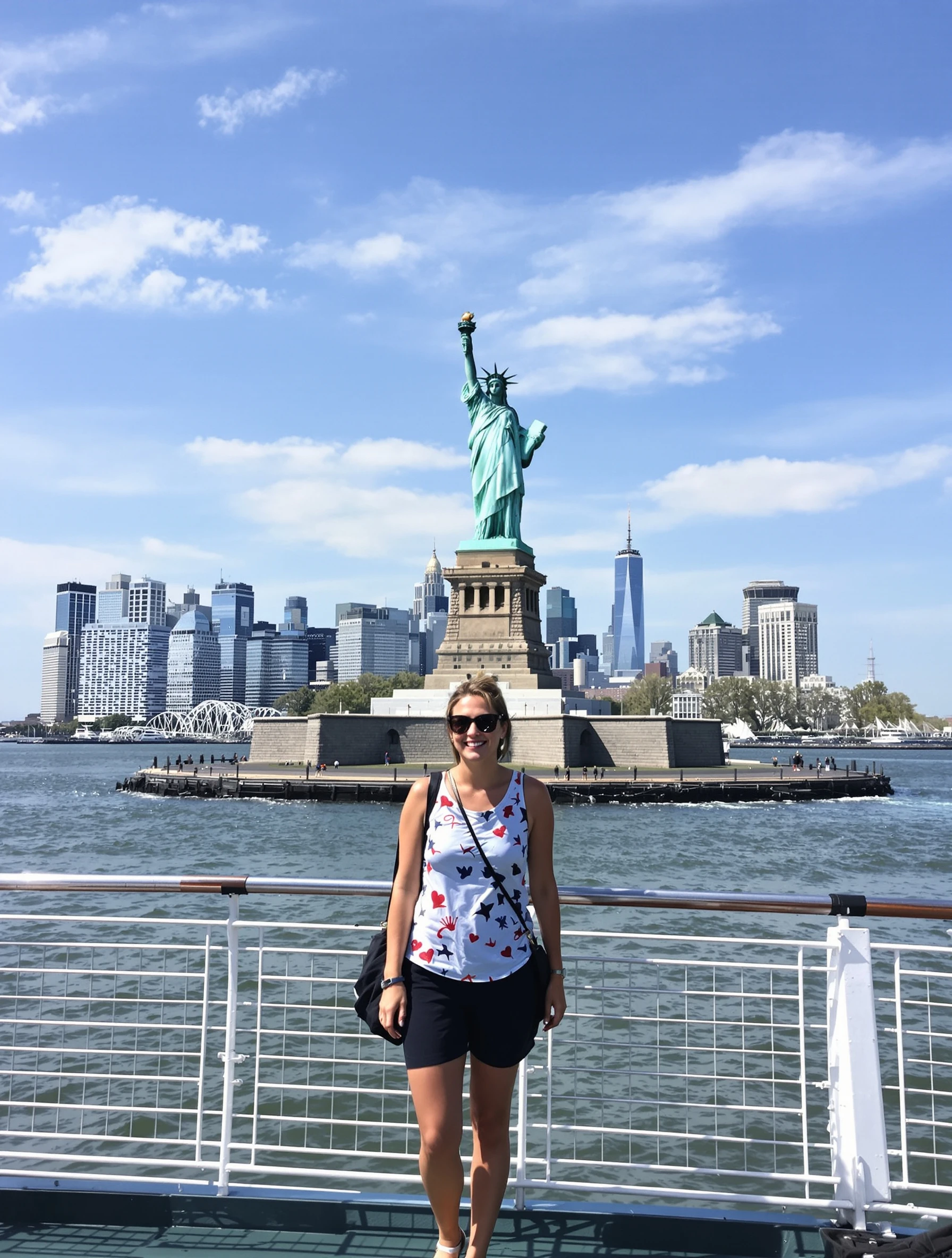 Tourist woman at Statue of Liberty with Manhattan skyline behind. Casual travel outfit, ferry boat deck, American landma