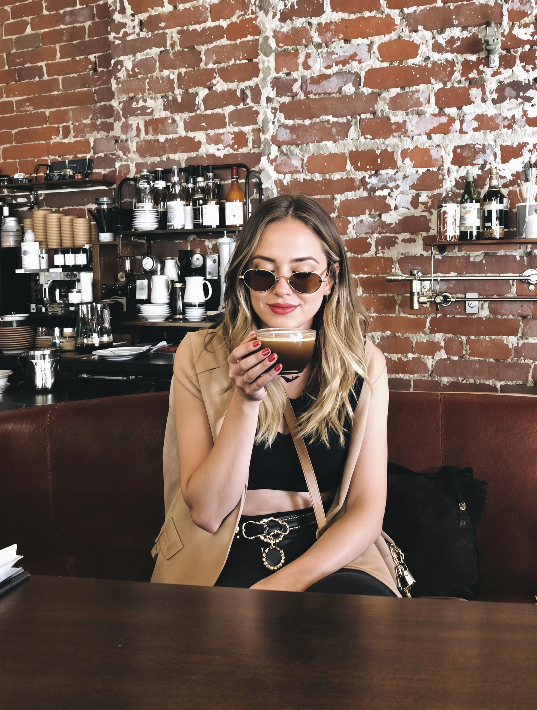 Trendy woman at a SoHo coffee shop, exposed brick and industrial aesthetic. NYC street style fashion, artisanal latte, d