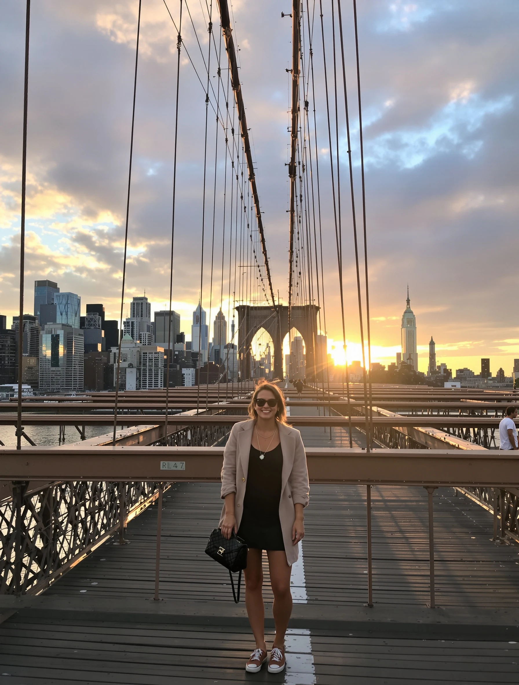 Woman at Brooklyn Bridge at sunrise, dramatic Manhattan skyline behind. Casual chic outfit, iconic bridge cables, golden