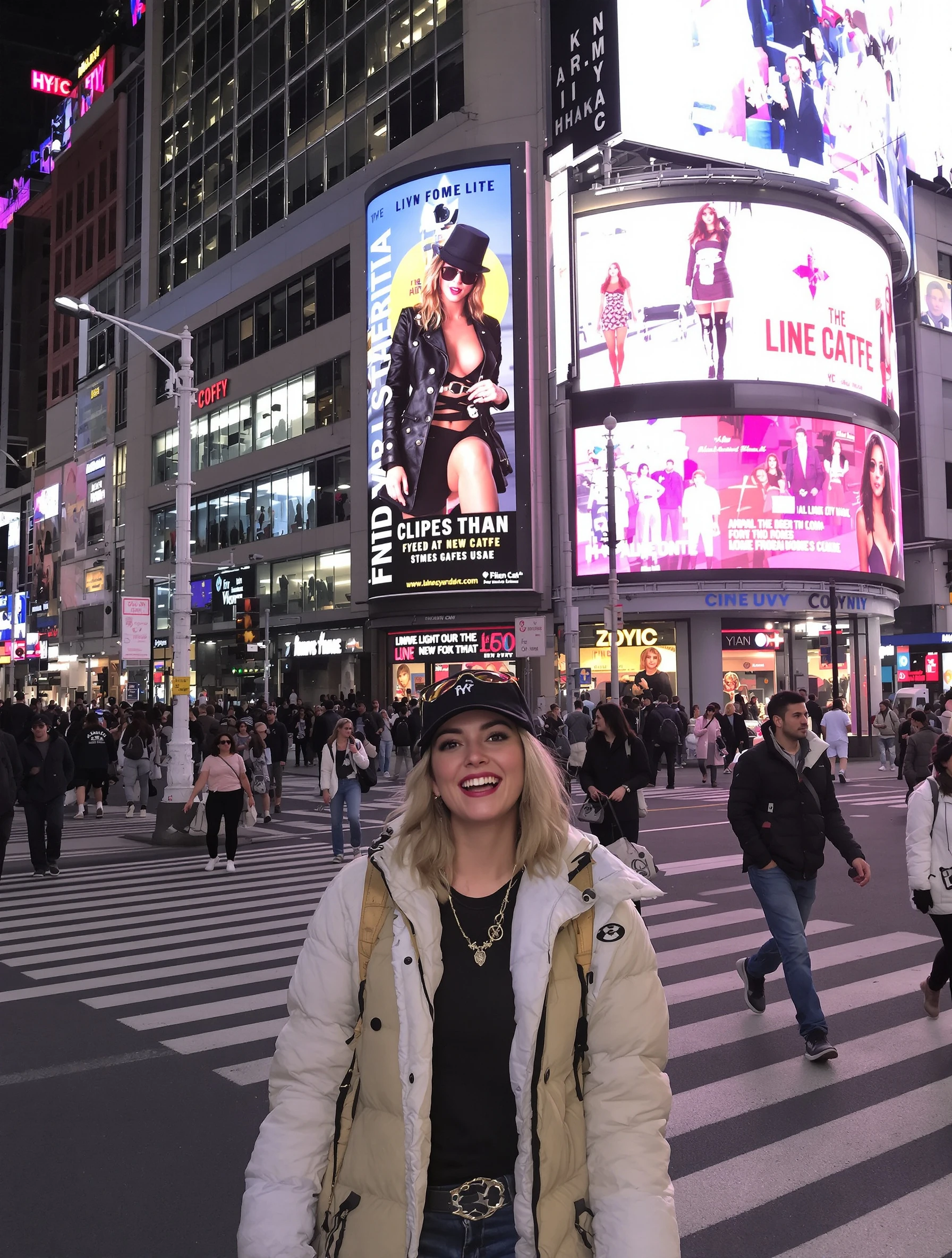 Woman in Times Square surrounded by bright billboards and city energy. Stylish urban outfit, iconic NYC lights, excited 