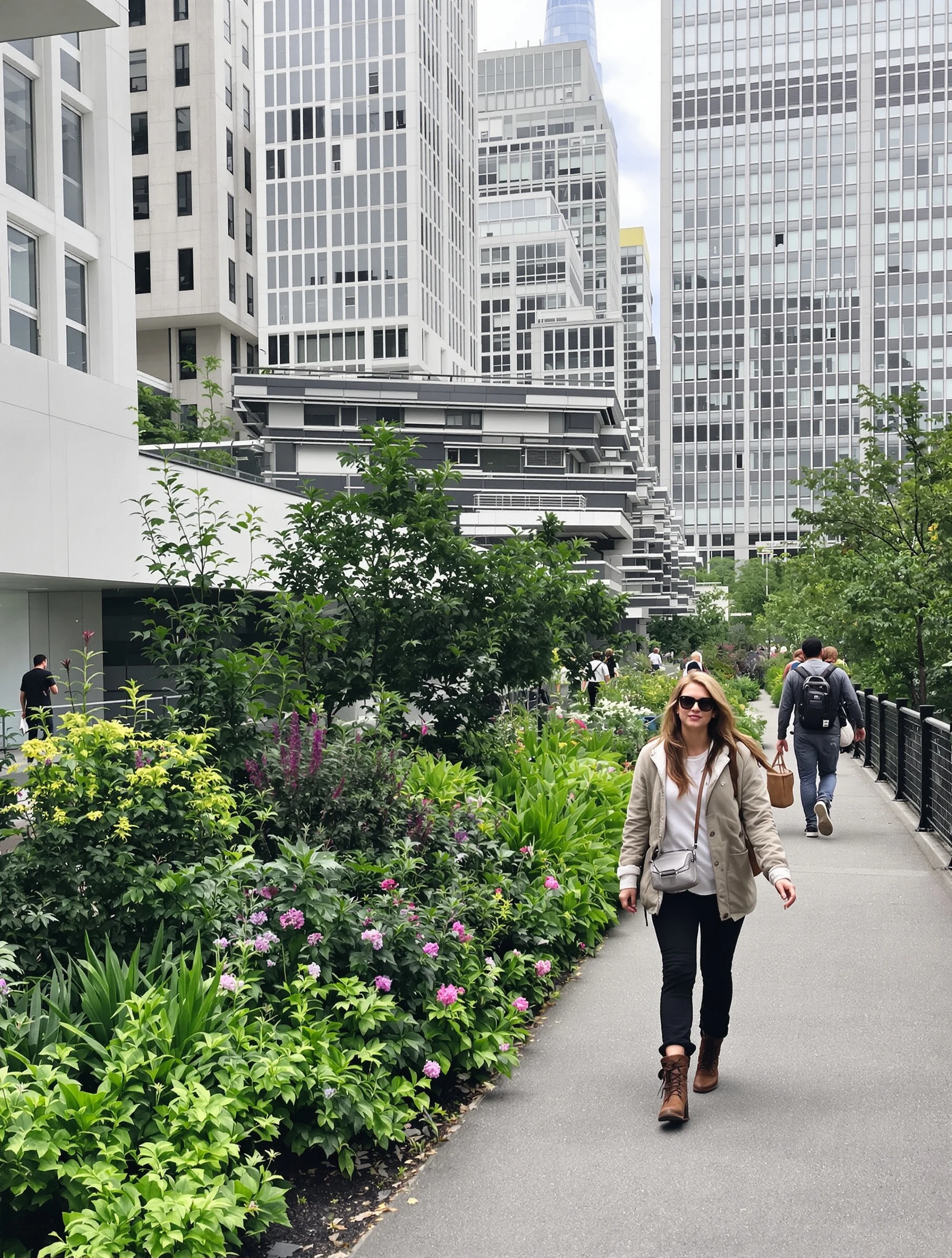 Woman walking the High Line elevated park with modern architecture around. Casual stylish outfit, urban garden, contempo