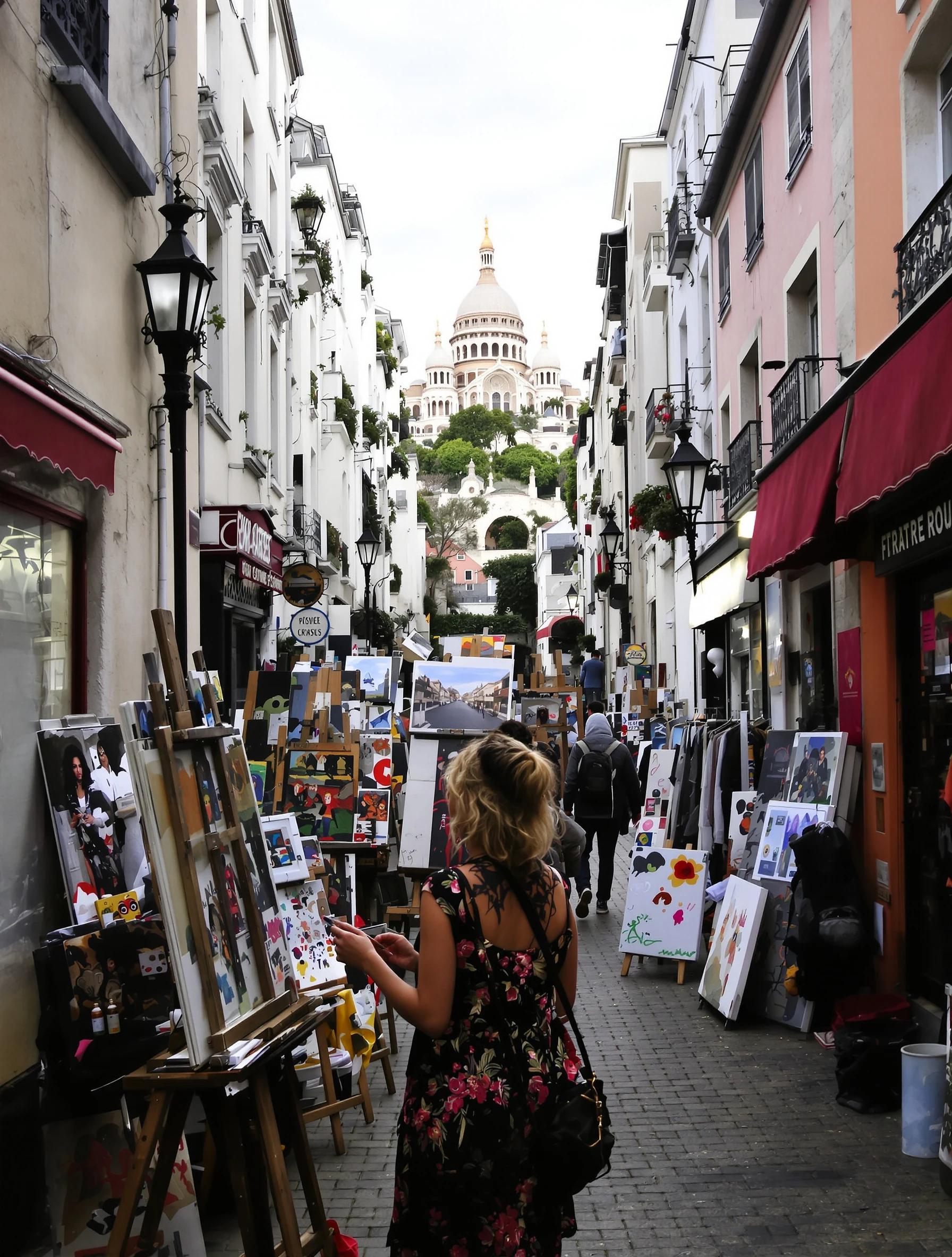 Artistic woman exploring Montmartre artist quarter, painters and easels around. Bohemian chic outfit, Sacré-Cœur in dist