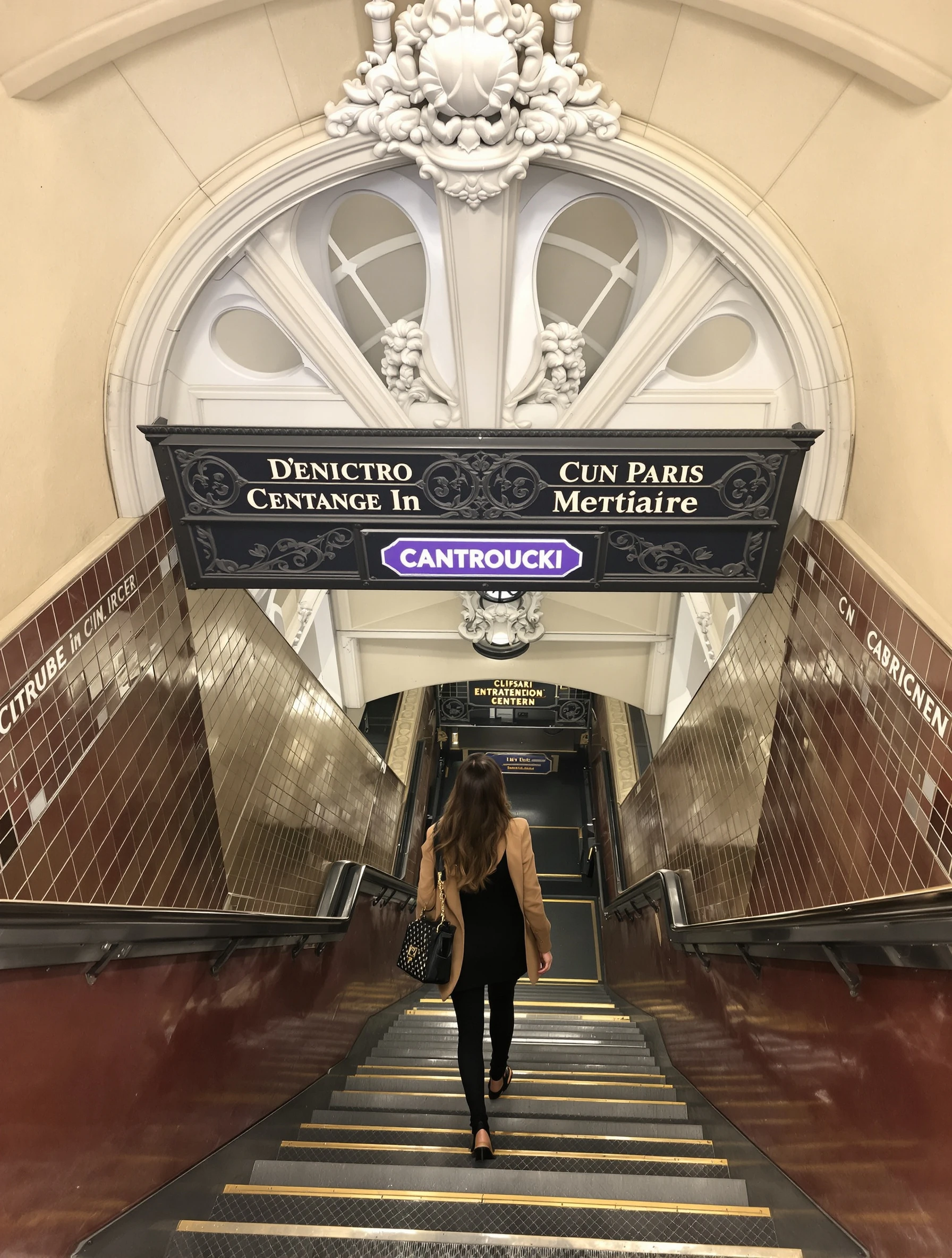 Chic woman descending into a Paris Metro station, stylish street fashion. Iconic Art Nouveau metro entrance, urban Paris
