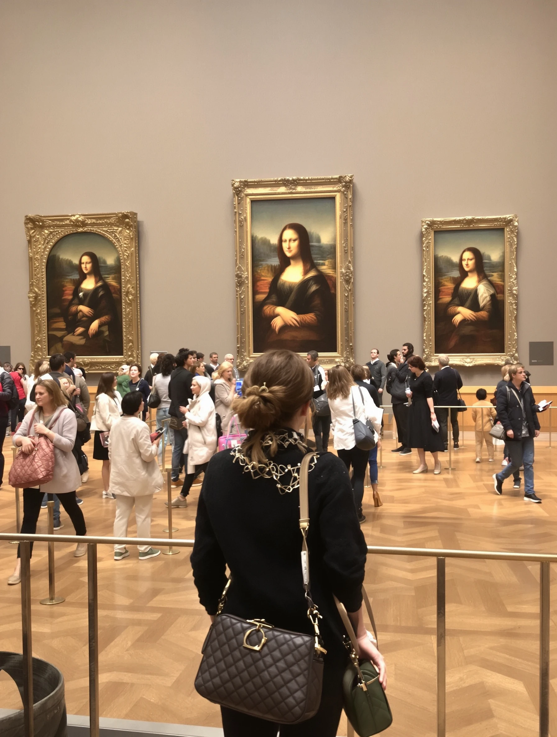 Cultured woman admiring masterpieces at the Louvre museum, Mona Lisa crowd in background. Stylish art-viewing outfit, th