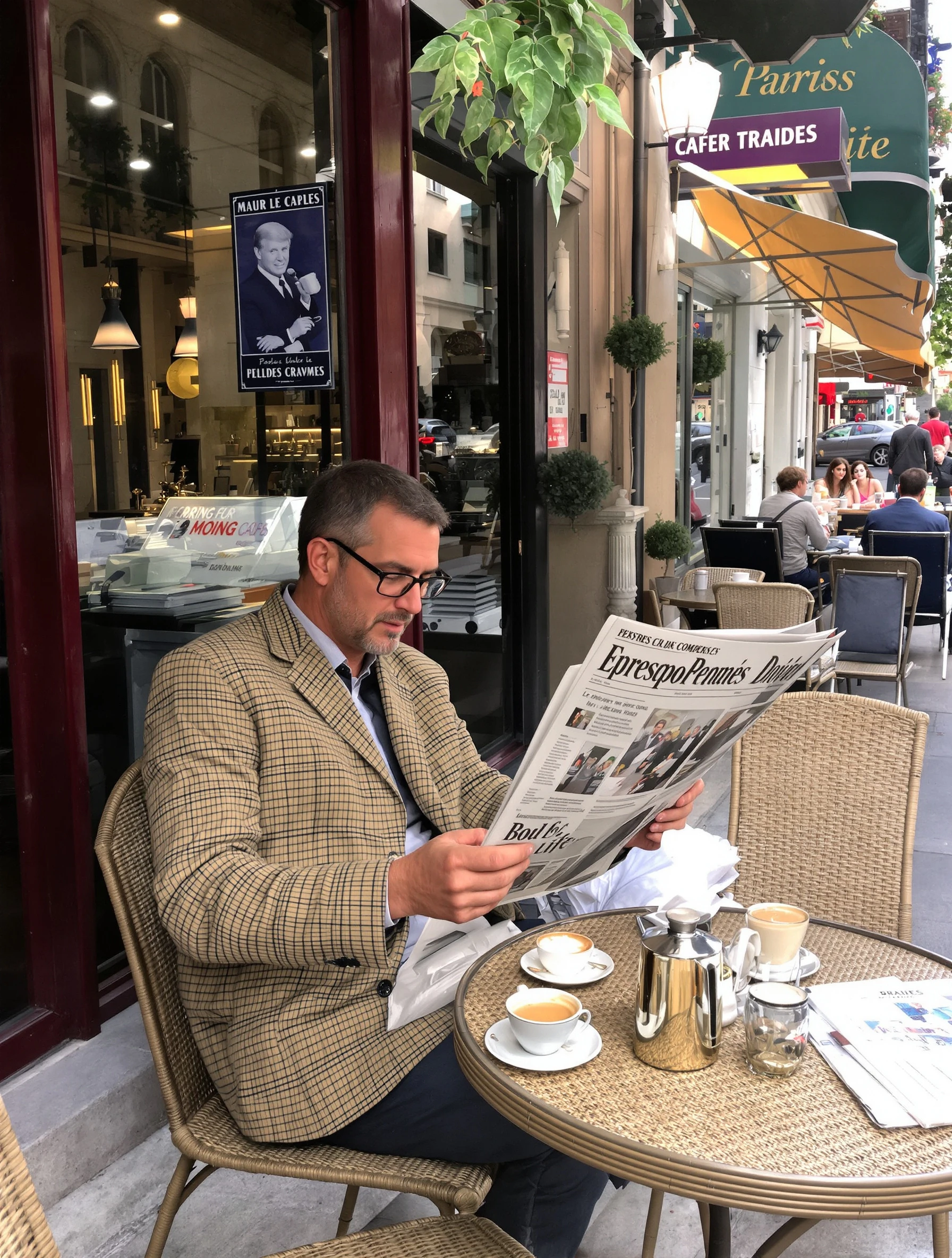 Man at a classic Parisian cafe reading morning newspaper with espresso. Casual French style, sidewalk seating, morning l