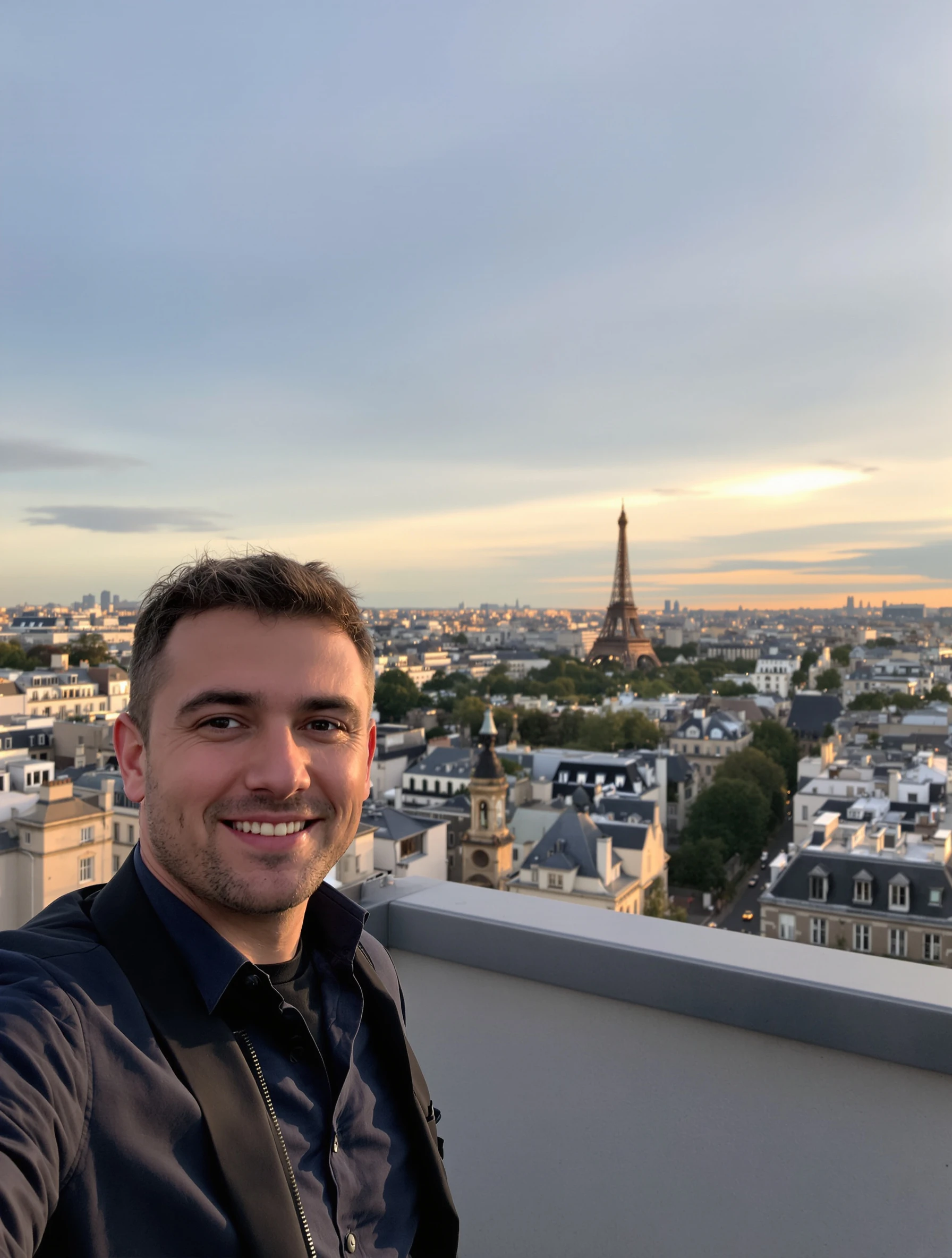 Man enjoying rooftop view of Paris skyline at golden hour. Smart casual evening wear, zinc rooftops and Eiffel Tower, pa