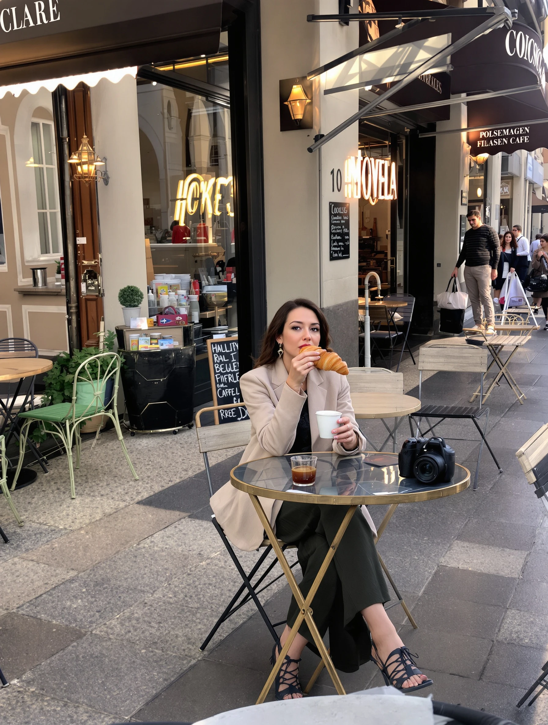 Woman enjoying croissant and coffee at a classic Parisian sidewalk cafe. Chic French outfit, charming cafe chairs and aw