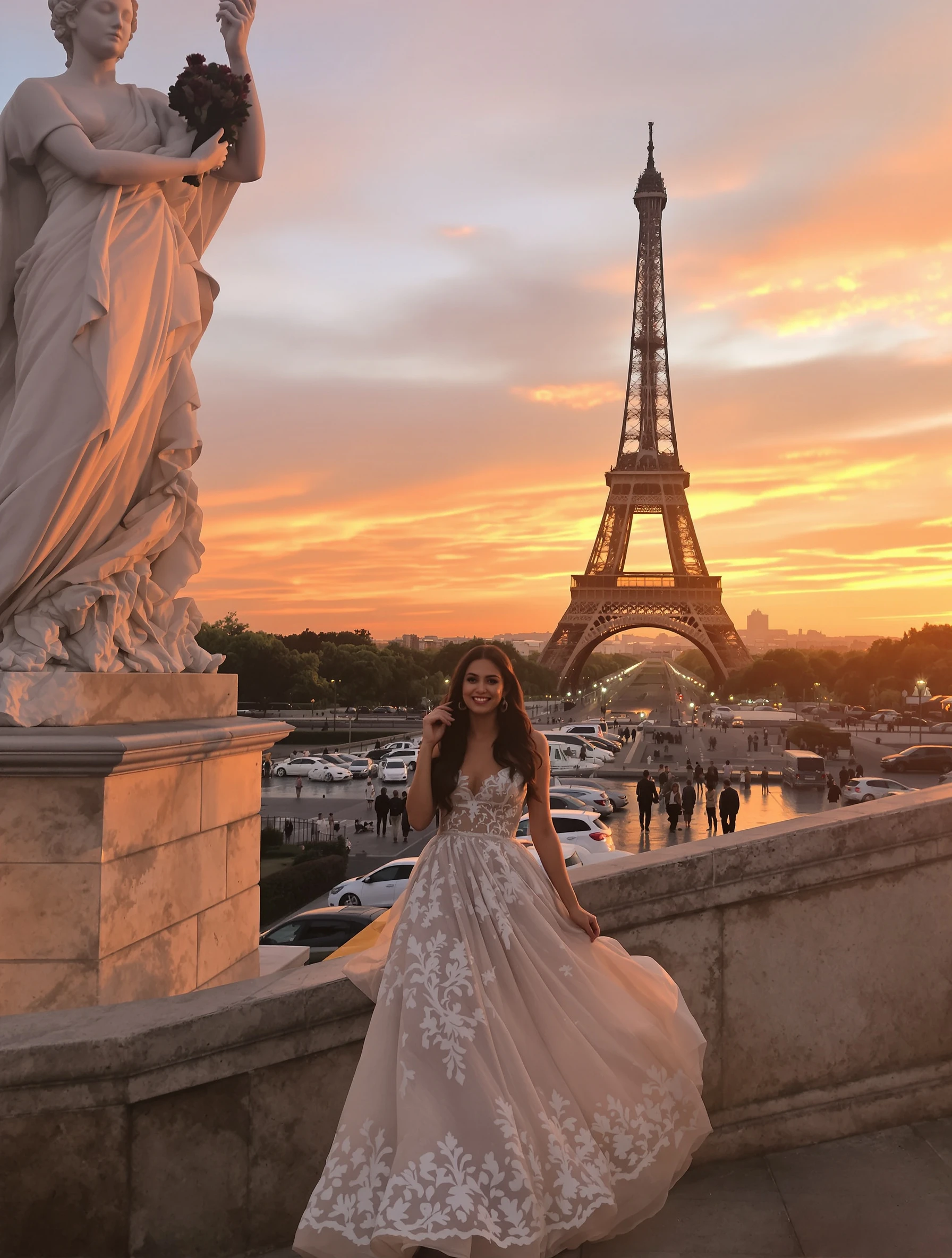 Woman posing in front of the Eiffel Tower at golden hour sunset, wearing an elegant Parisian dress. Romantic warm lighti