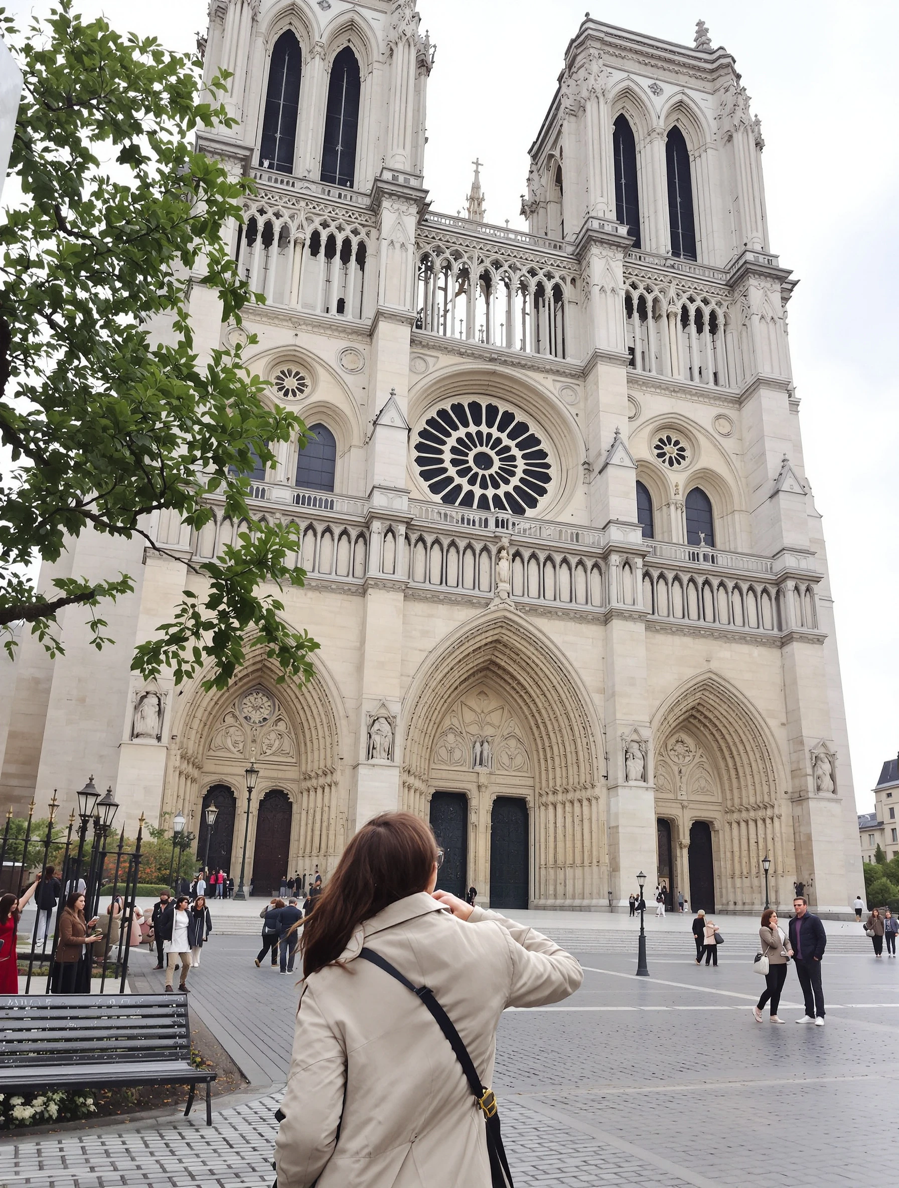 Woman standing before Notre Dame Cathedral, appreciating the Gothic architecture. Classic trench coat, historic Parisian