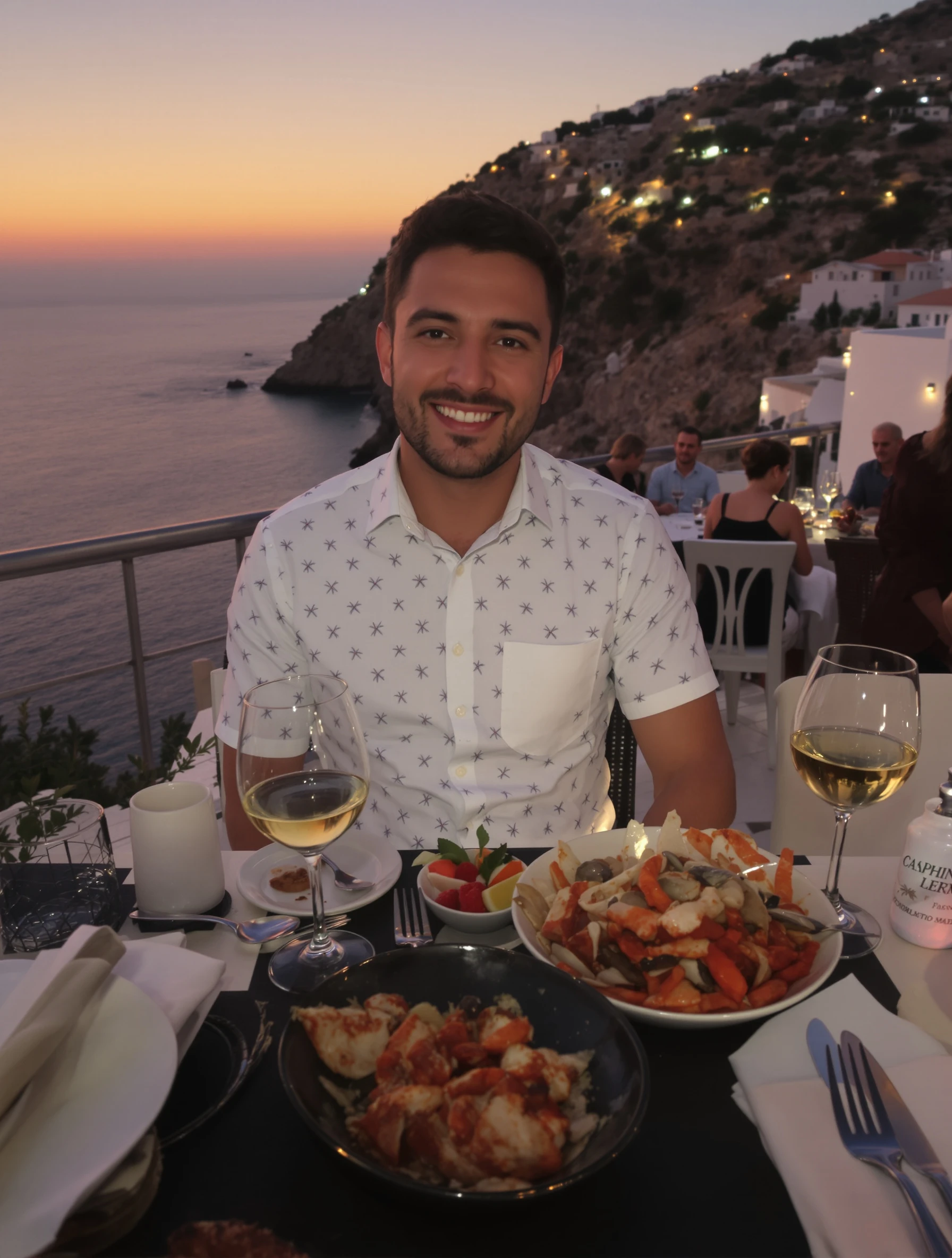 Man at cliffside restaurant enjoying fresh Greek seafood and wine. Smart casual evening, sunset views, exceptional dining, Greek hospitality.