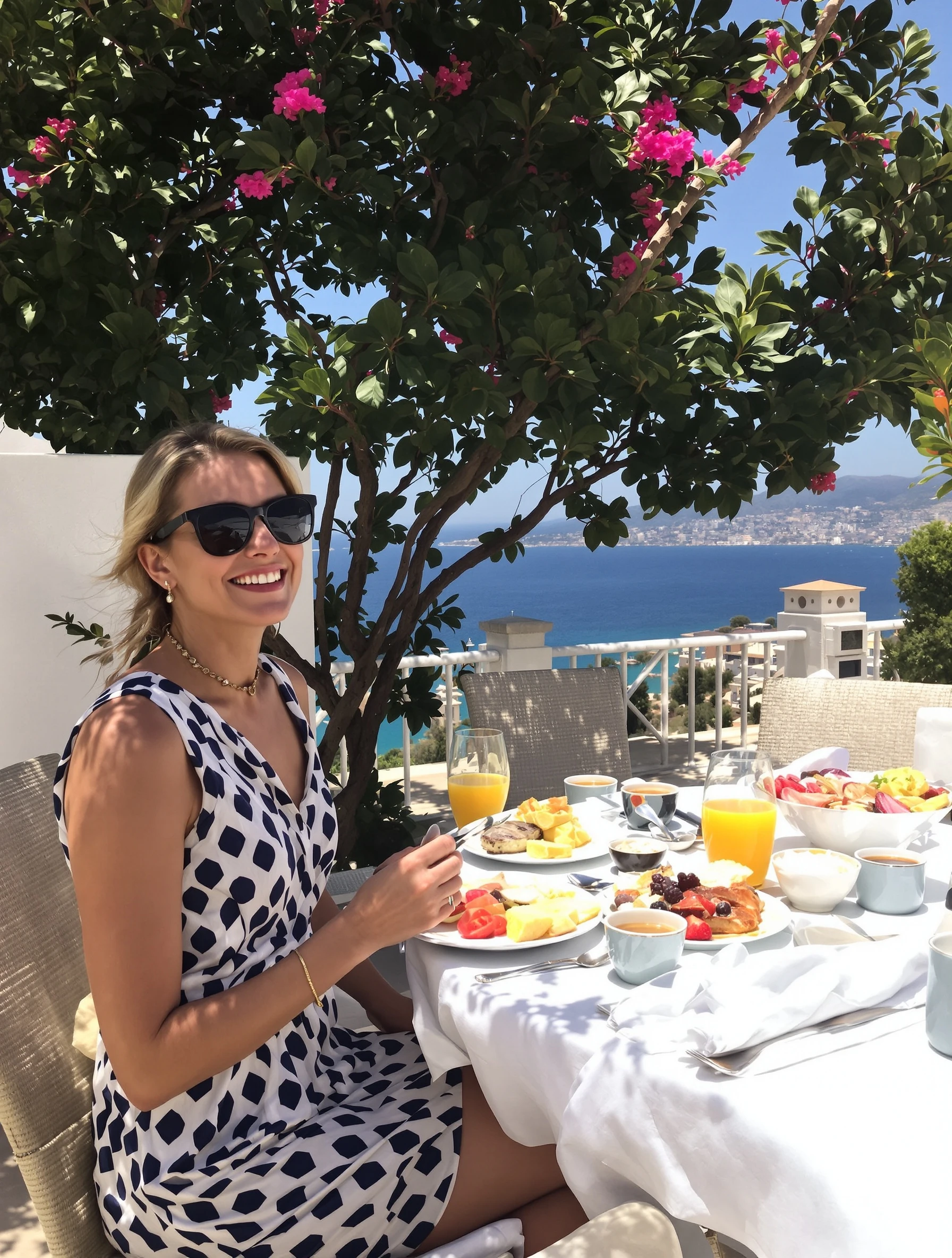Woman enjoying breakfast on boutique hotel terrace, stunning sea views. Casual luxury attire, fresh Greek breakfast, morning in paradise, travel goals.