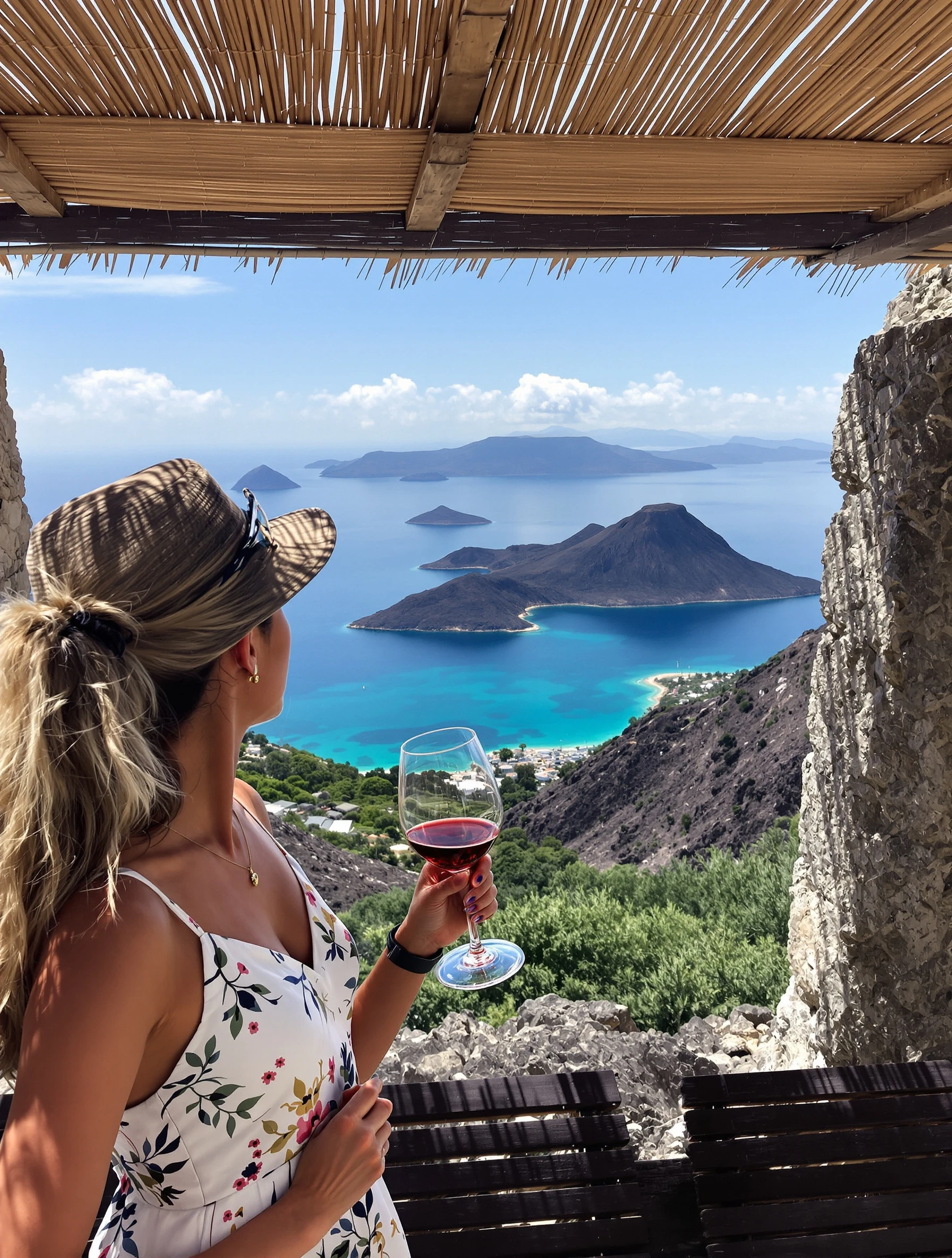 Woman enjoying wine with calde