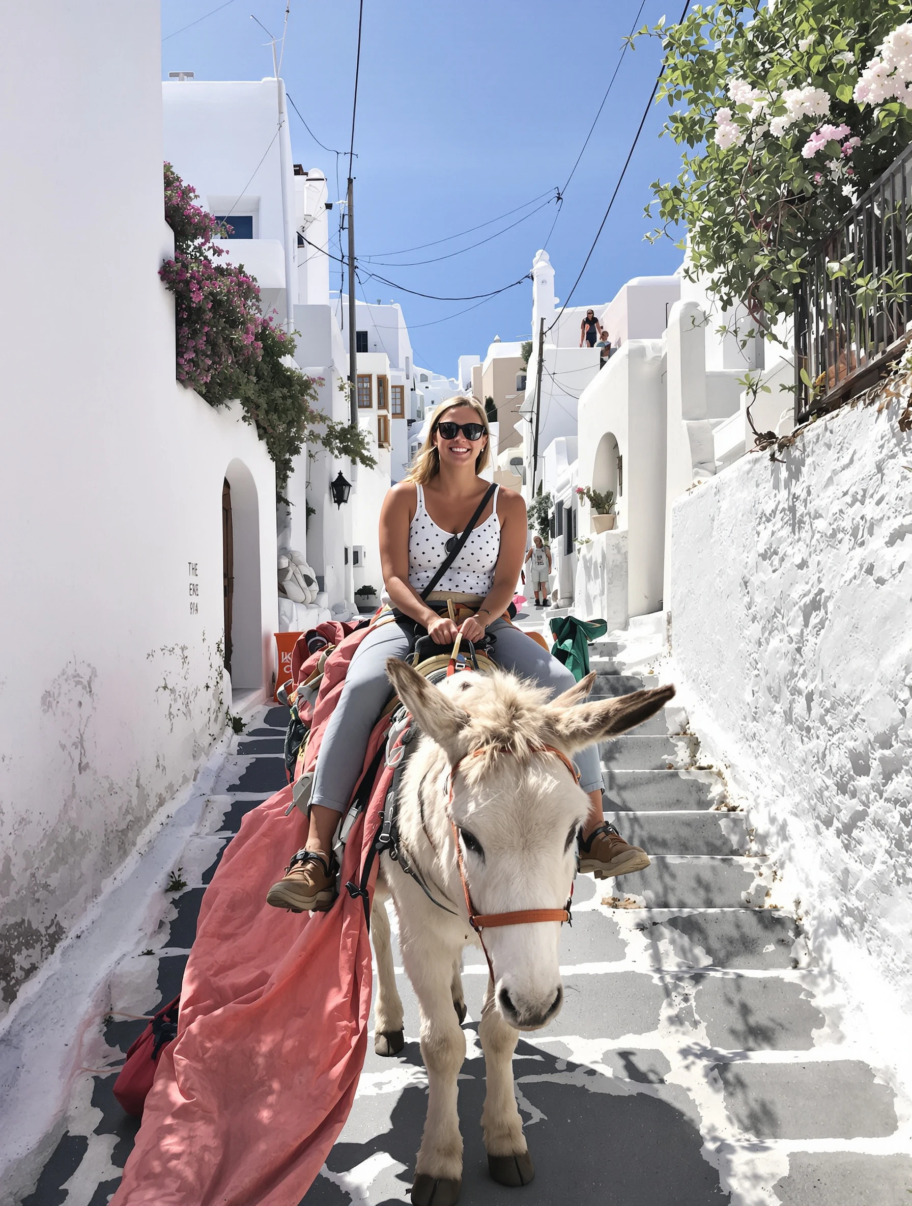 Woman on traditional donkey ride up Santorini's steep village paths. Casual travel clothes, whitewashed buildings, quirky fun experience, Greek charm.