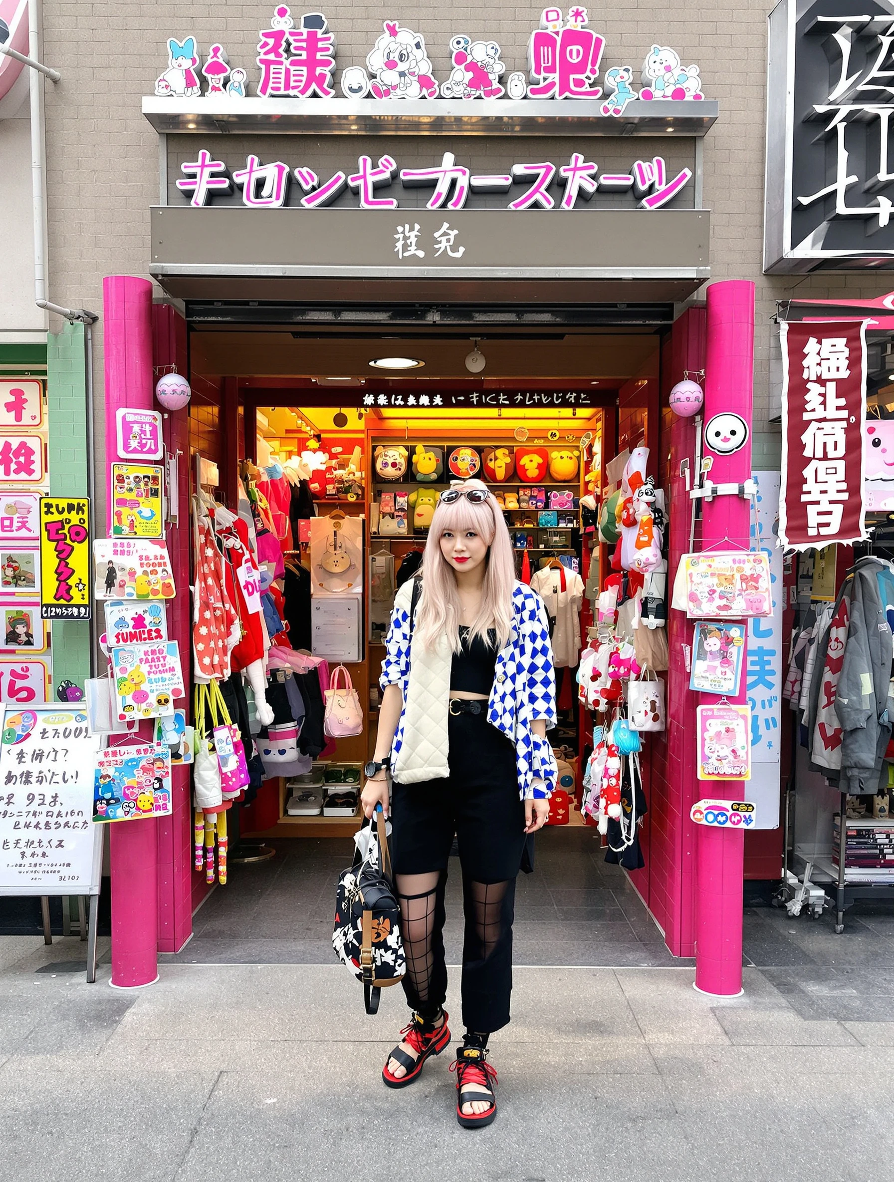 Fashionable woman exploring Harajuku's colorful street fashion scene. Bold trendy outfit, kawaii shops and style, creati