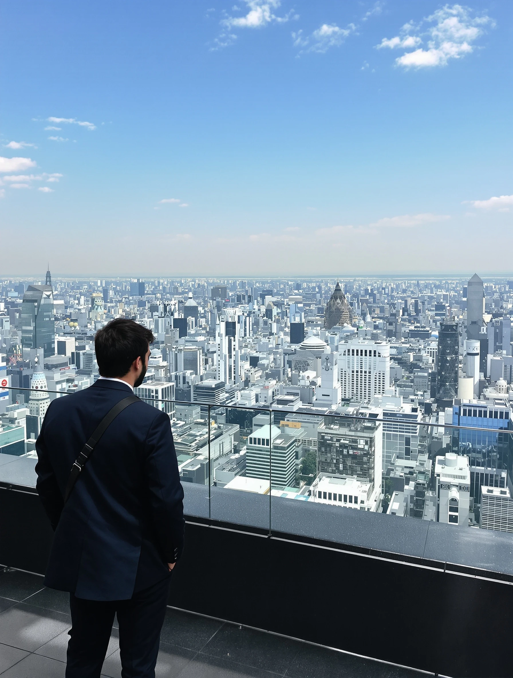 Man at Tokyo rooftop viewing the endless cityscape stretching to horizon. Smart casual, futuristic urban sprawl, contemp