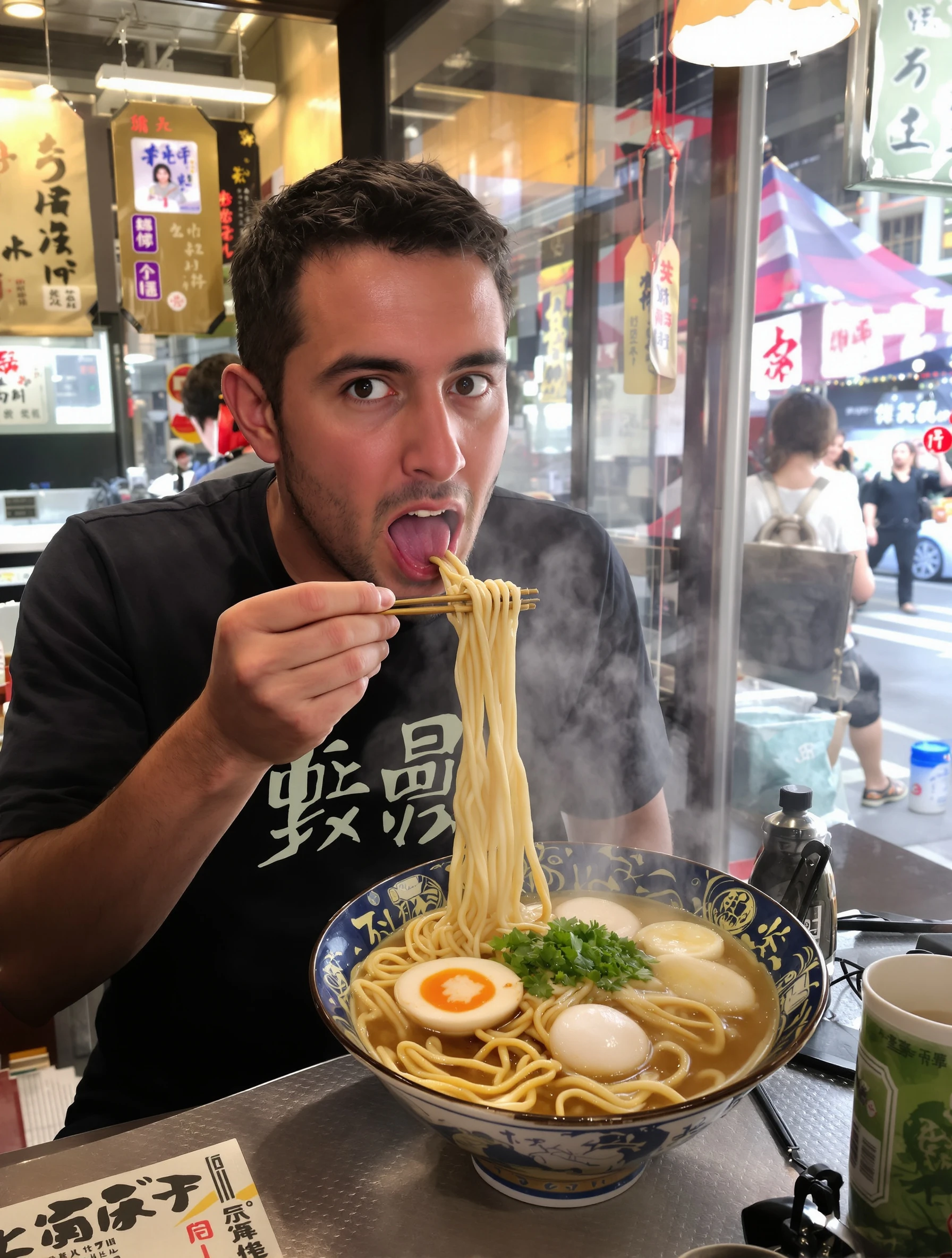Man enjoying steaming bowl of ramen at authentic Tokyo shop, slurping noodles. Casual foodie, small counter restaurant, 