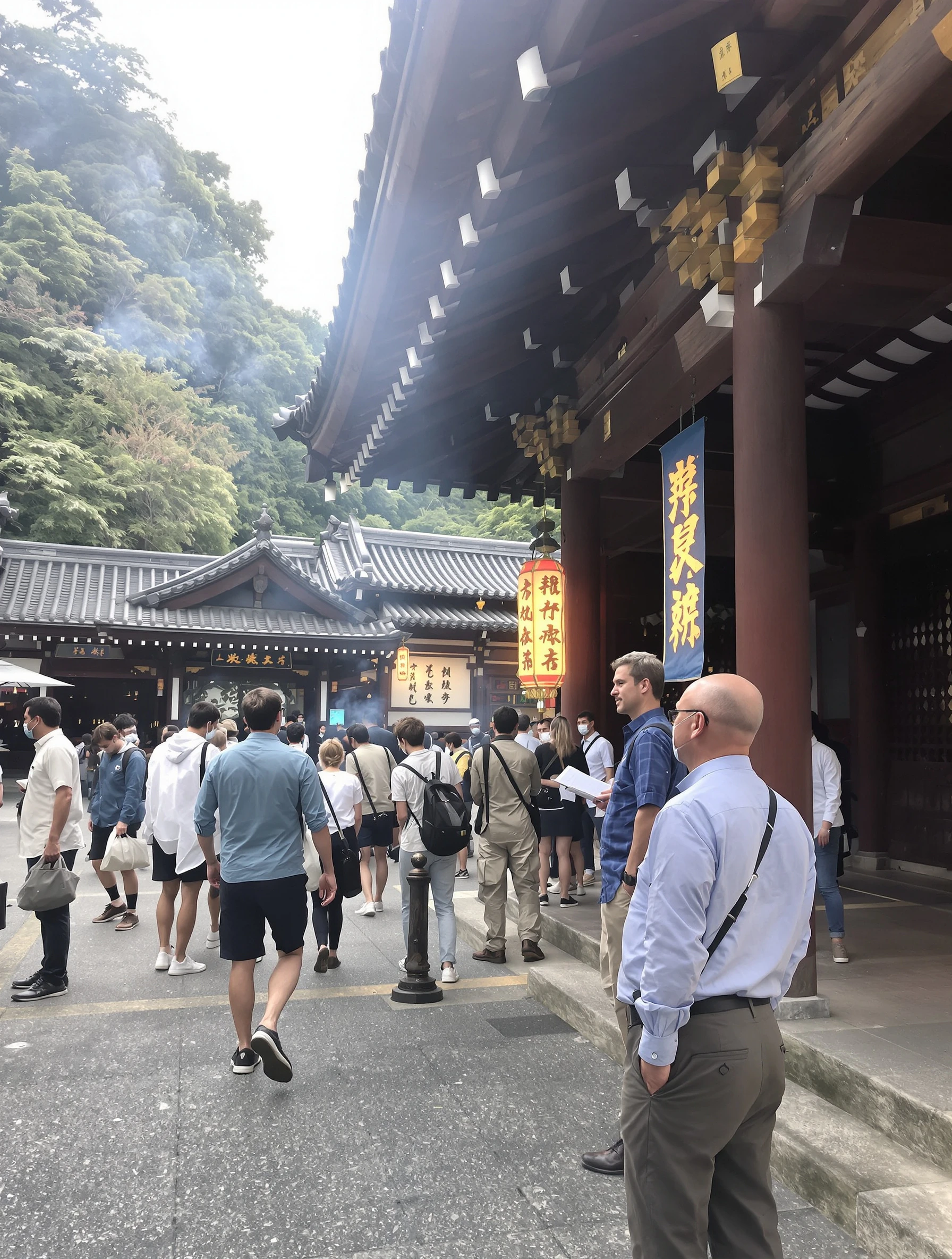 Man respectfully visiting a traditional Japanese temple, ancient architecture. Smart casual modest attire, incense smoke