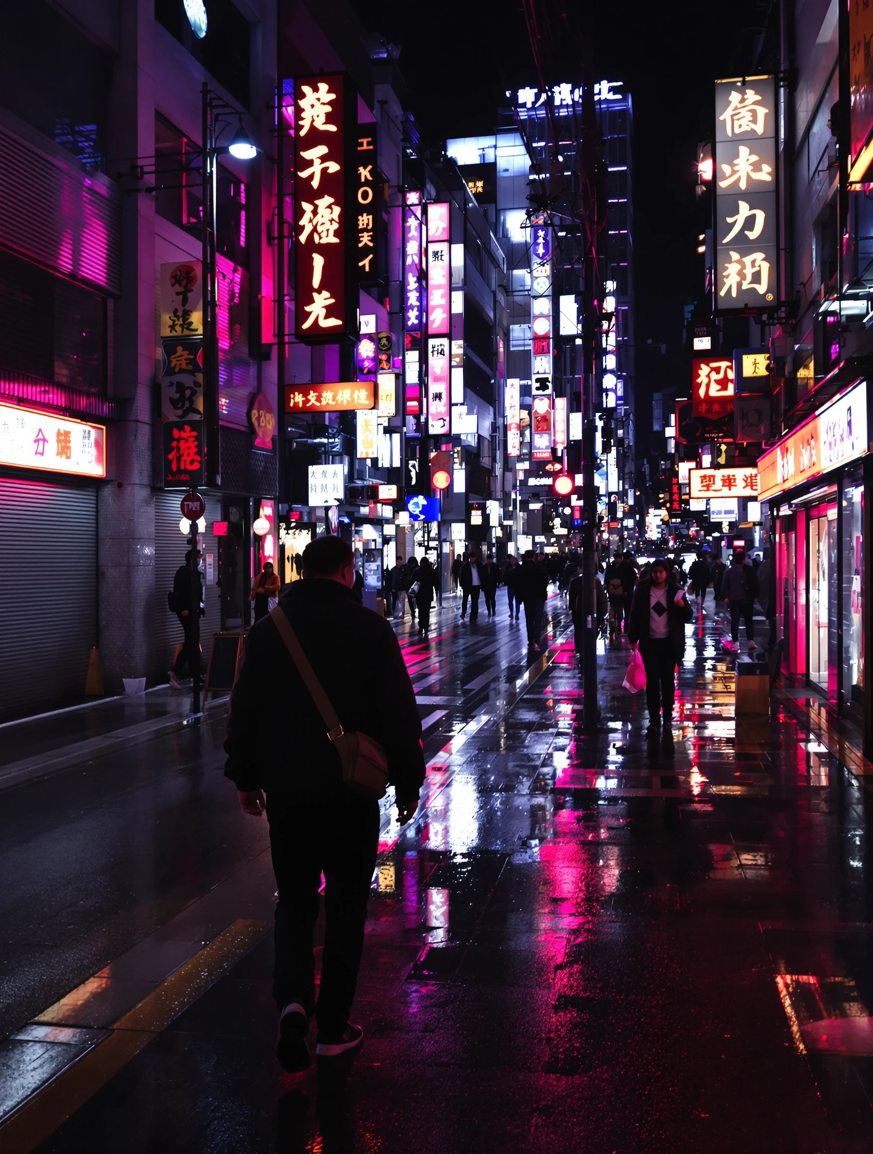 Man walking neon-lit Tokyo streets at night, Blade Runner vibes. Urban casual style, rain-slicked reflections, futuristi