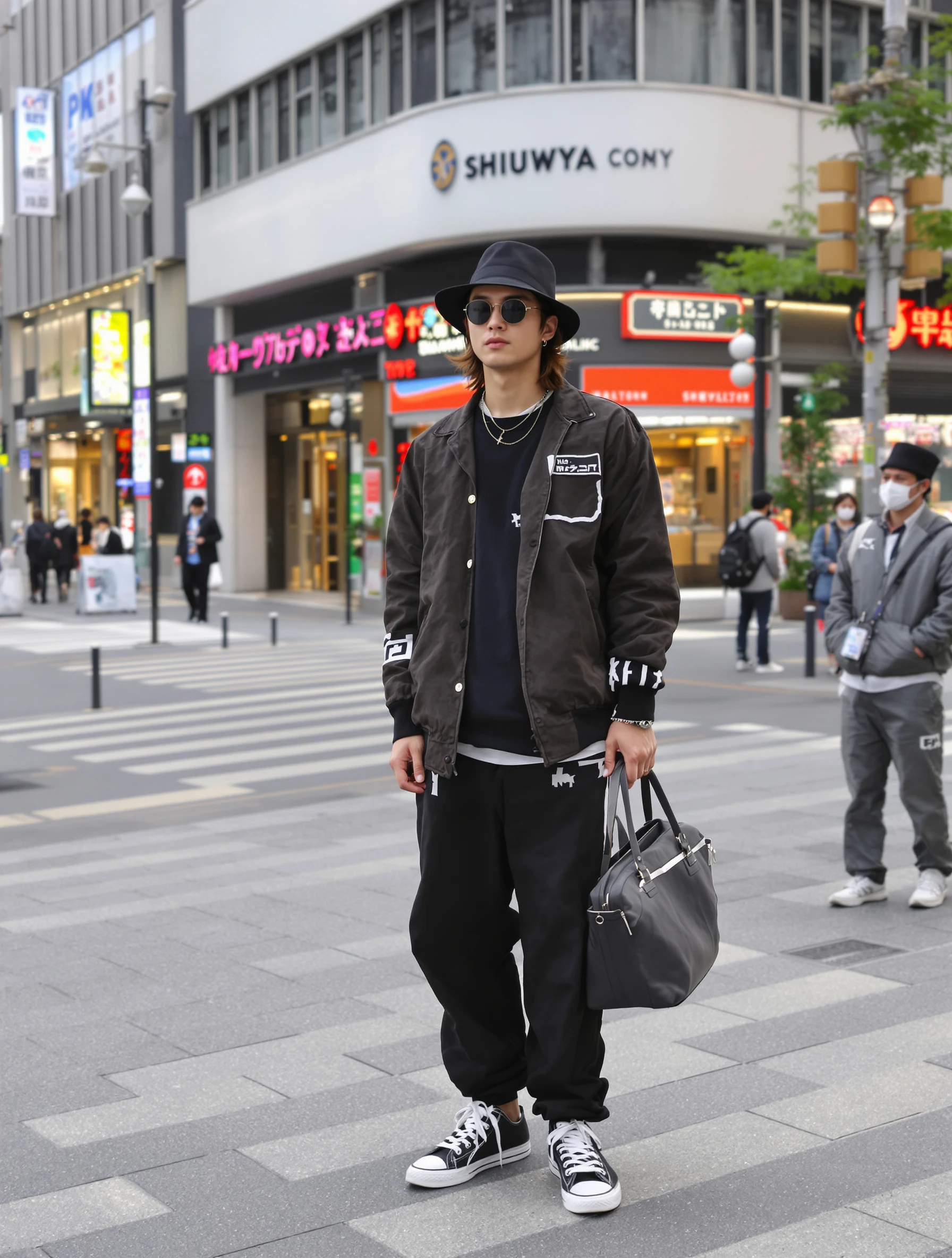 Stylish man in Shibuya district wearing Japanese streetwear fashion. Trendy contemporary outfit, urban Tokyo backdrop, f